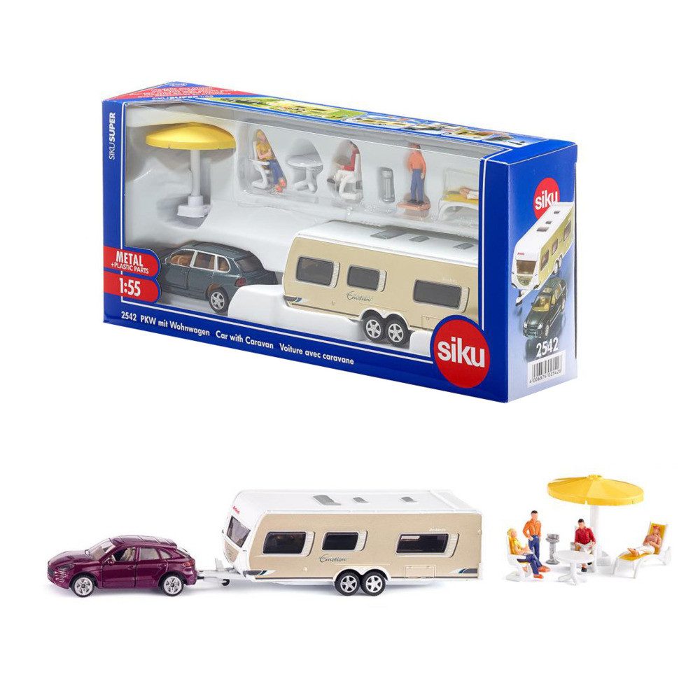 SIEPER Modellauto siku Porsche Macan mit Wohnwagen 1:55