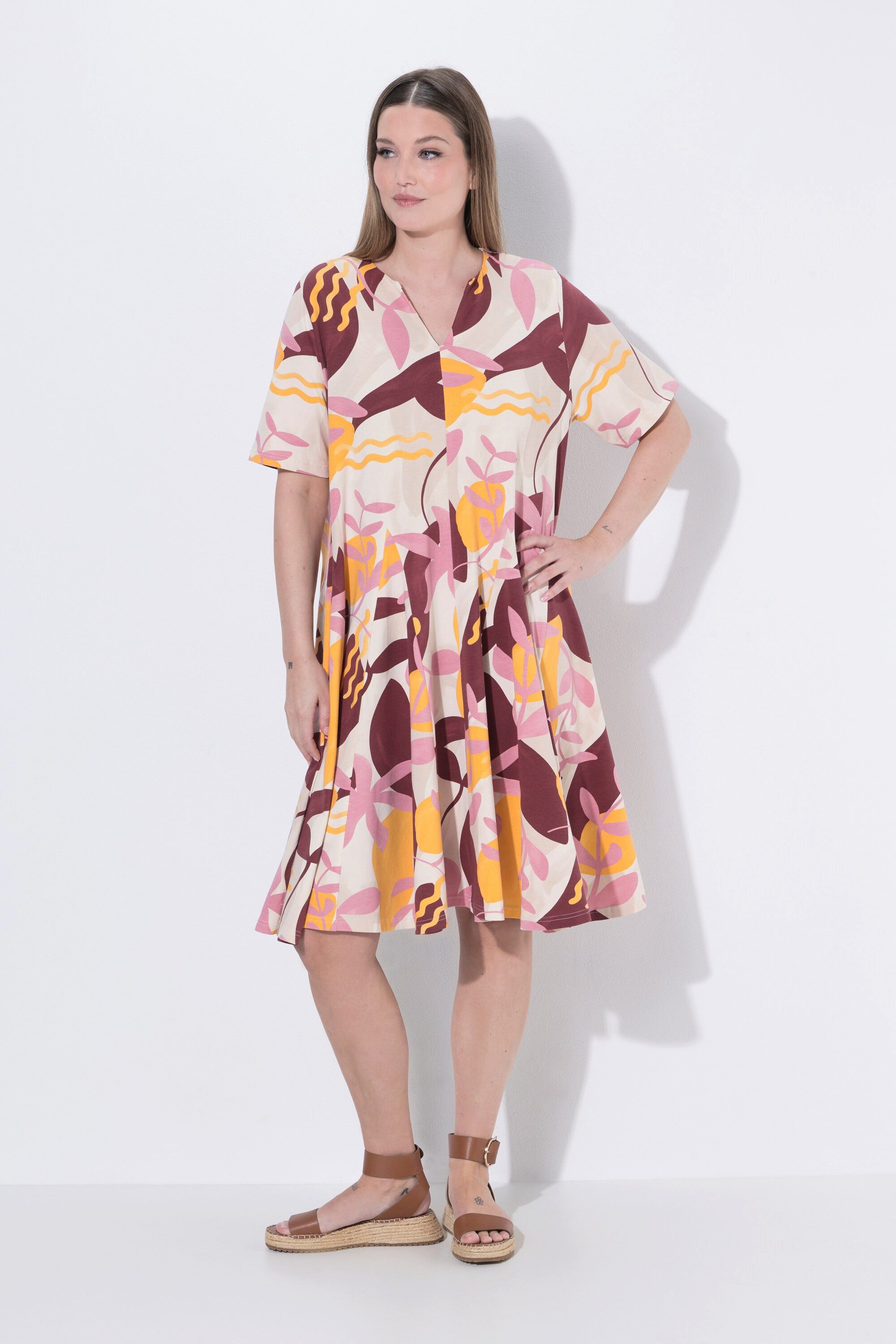 Ulla Popken Midikleid Jerseykleid Godetfalten Tunika-Ausschnitt