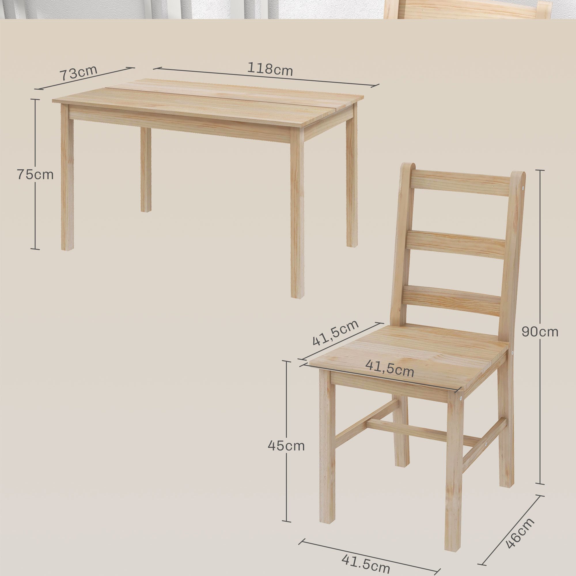HOMCOM Essgruppe 5-teilige Esszimmergruppe aus Massivholz, (Sitzgruppe, 1-tlg., Esstisch mit 4 Stühlen), für Esszimmer, Küche, Natur