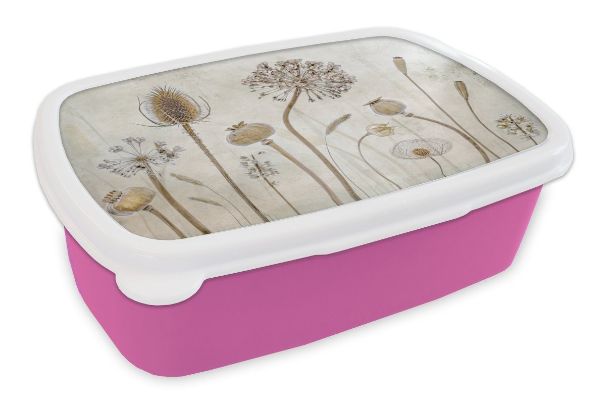 MuchoWow Lunchbox Blumen - Aquarell - Stilleben - Braun - Vintage, Kunststoff, (2-tlg), Brotbox für Erwachsene, Brotdose Kinder, Snackbox, Mädchen, Kunststoff rosa