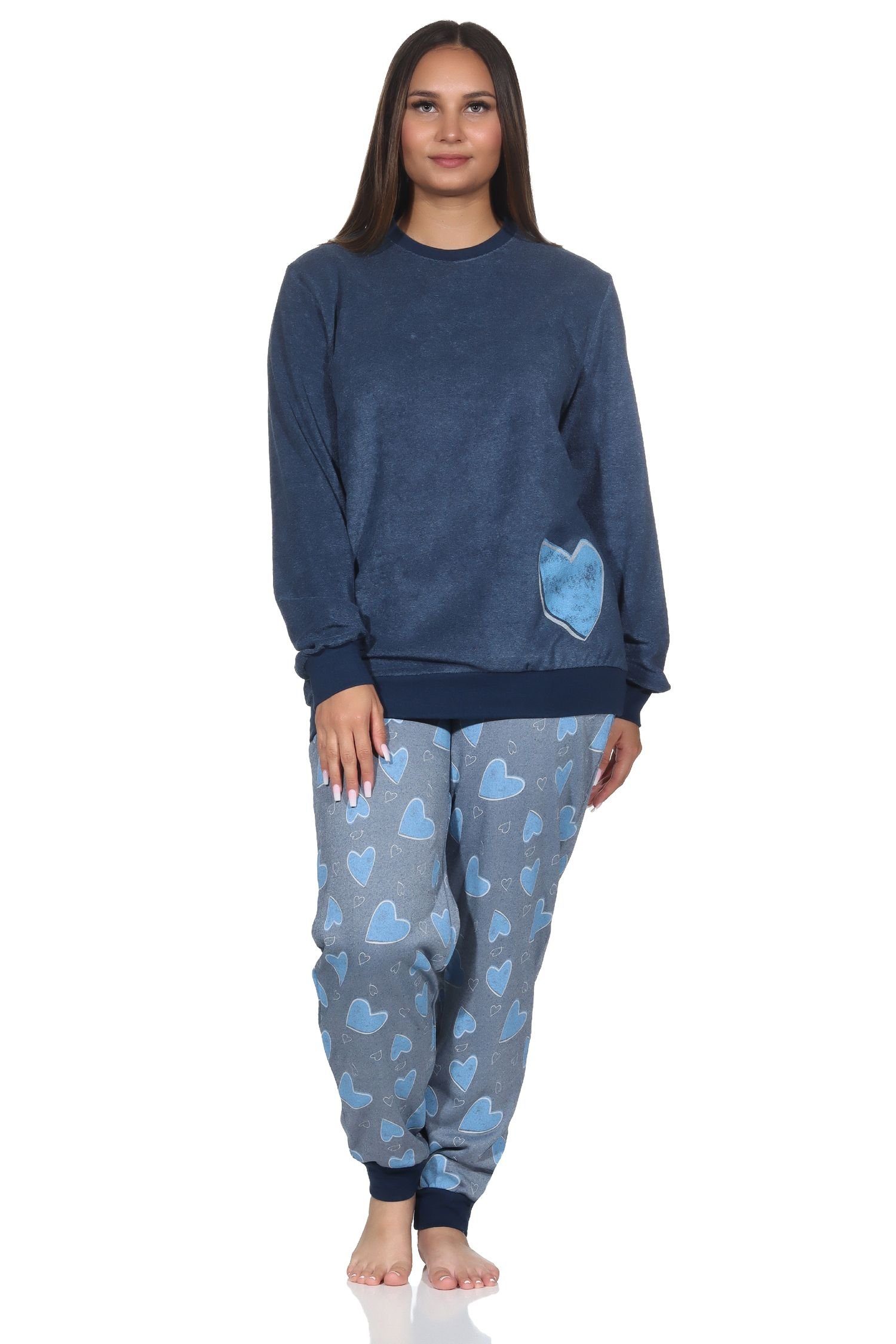 Normann Pyjama Normann Damen Frottee Schlafanzug langarm mit Bündchen in Herz Optik marine