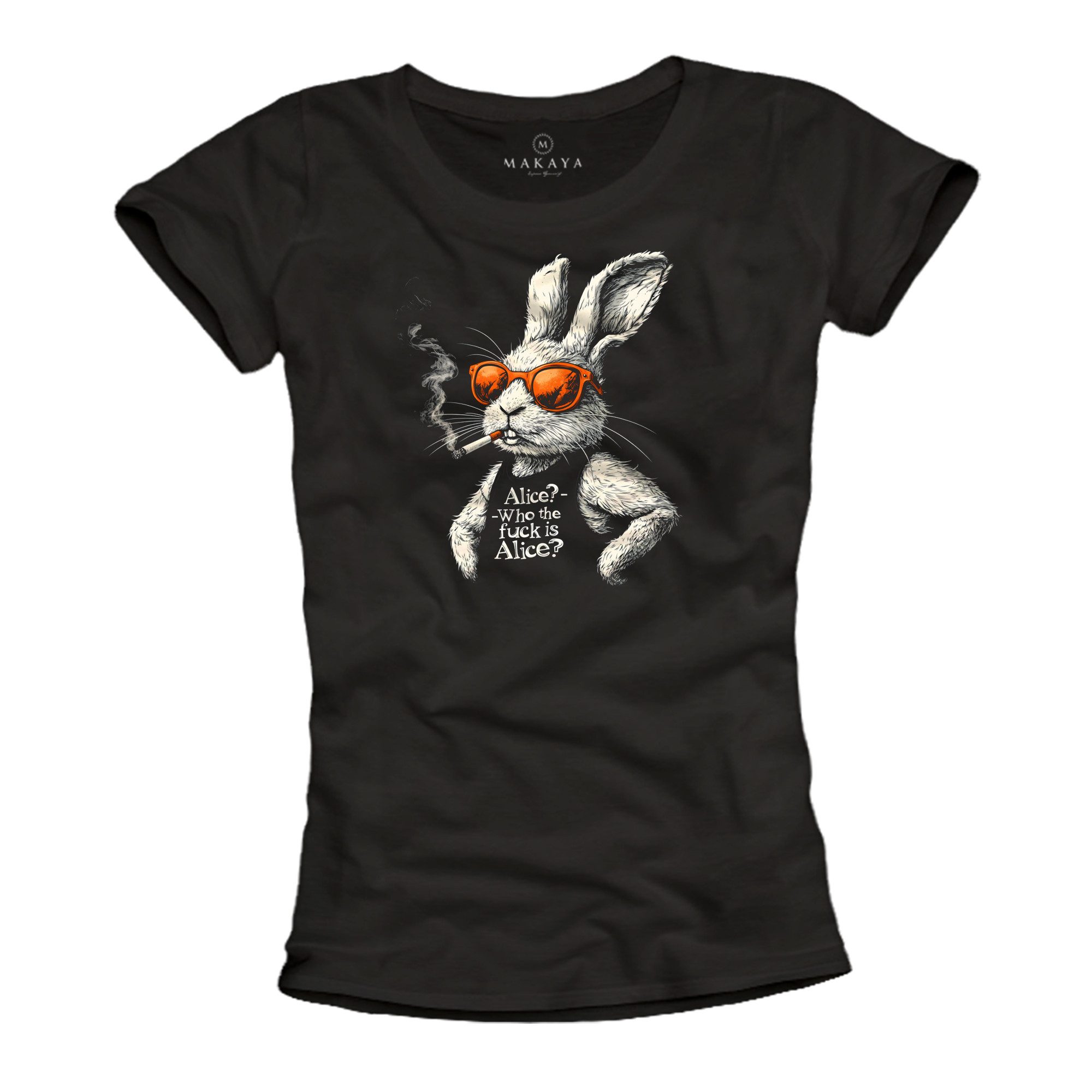 MAKAYA Print-Shirt Damen Top mit „Who Is Alice?“ Spruch – Lustiger Festival Look (Schwarz, S, M, L, XL) Baumwolle