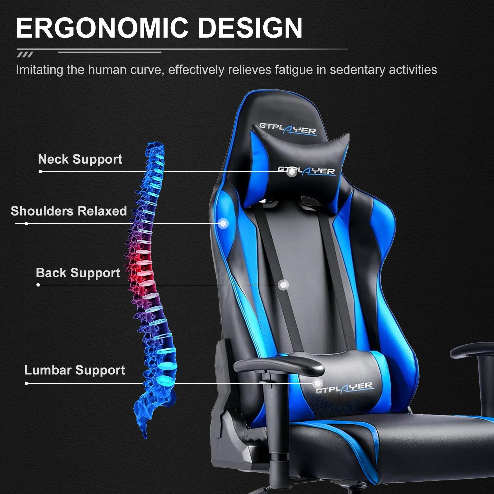 Bürostuhl blau Lenden- Gaming-Stuhl Ergonomische waist the Design und Nackenkissen, reclining function GTPLAYER The inkl. supports