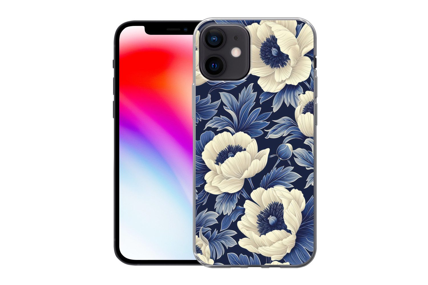MuchoWow Handyhülle für Apple iPhone 12 Blumen - Muster - Blau - Weiß, Smartphone-Bumper, Print, Handy Schutzhülle Dünn