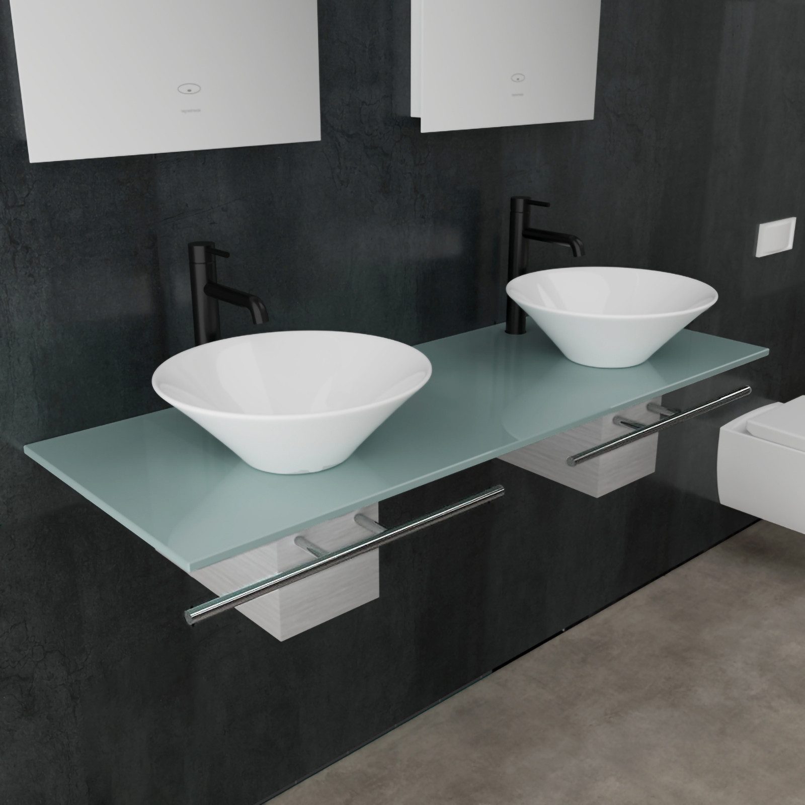 Alpenberger Doppelwaschtisch Doppelwaschbecken auf Milchglas & Handtuchhalter (Komplett Set, 7-St., 7-tlg), pflegeleicht, platzsparend, ESG Glas, Nano