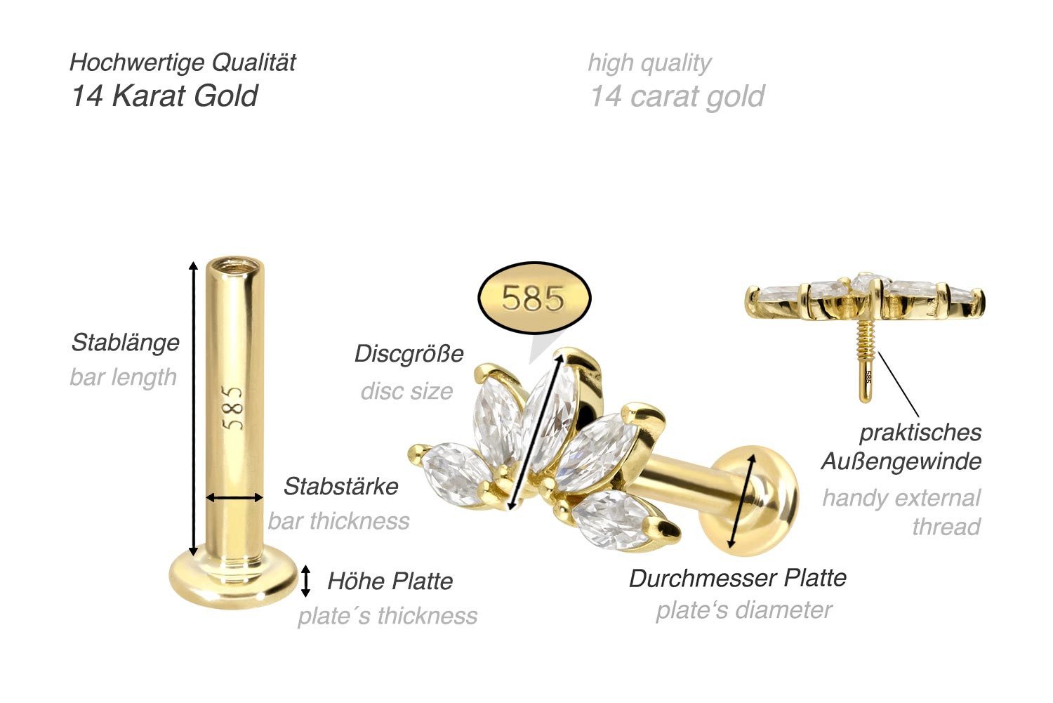 PIERCINGLINE Piercing-Set 14 Karat Gold Labret mit Innengewinde MOISSANIT-L günstig online kaufen