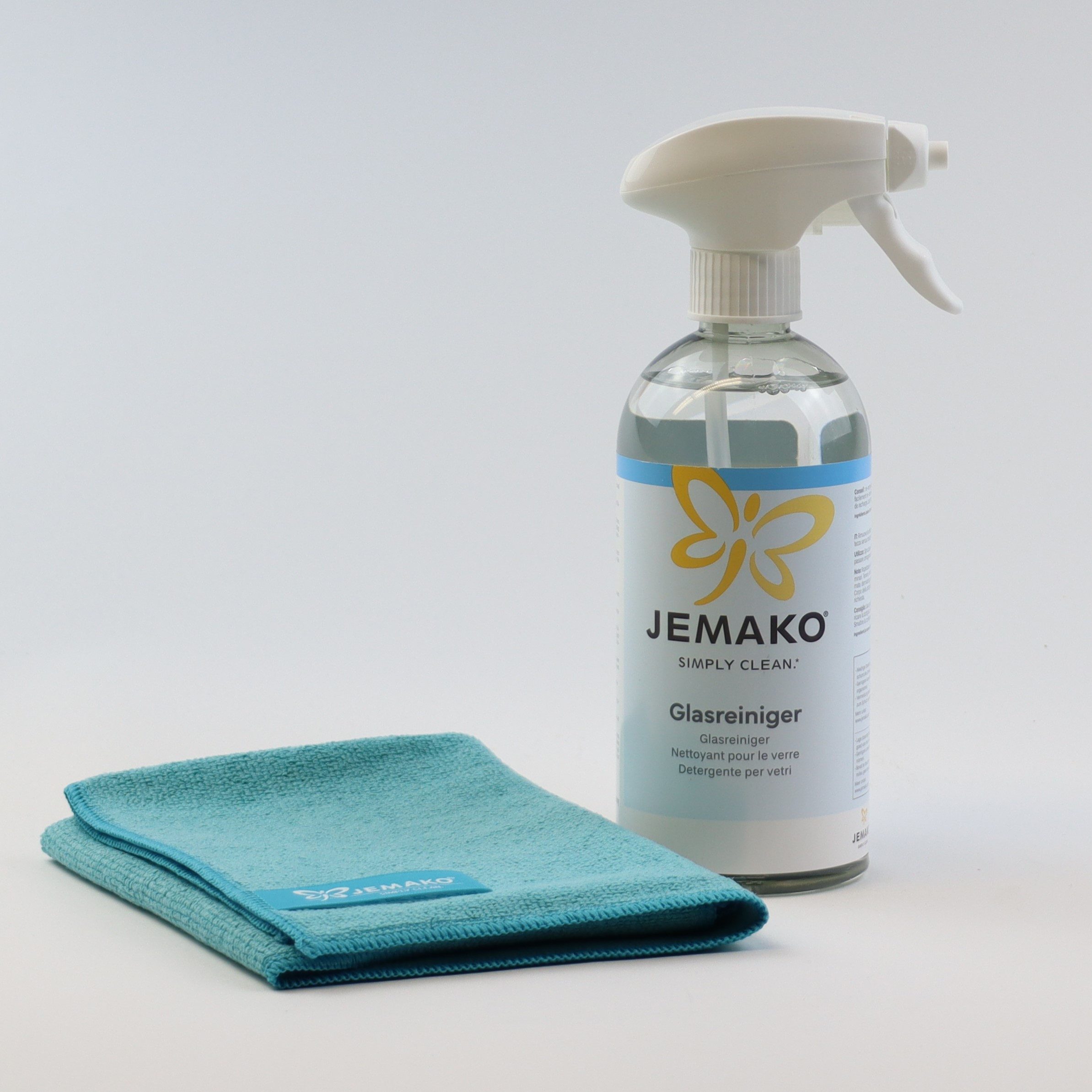 Jemako Glasreiniger Set 500ml + Schaumpumpe + Profituch S 35x40 cm Mikrofaser Glasreiniger (Set, [3-St. 1 x Glasreiniger, 500 ml mit Pumpe, 1 x Profituch 35x40 cm, türkis reinigt streifenfrei, für alle Glasflächen, zum Vorteilspreis im Set)