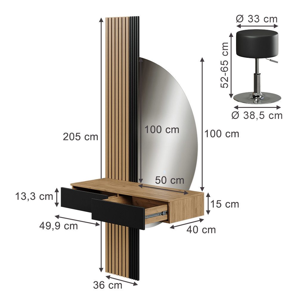 Vicco Schminktisch Melina, Eiche/Schwarz, 100 cm mit LED-Spiegel und Hocker (3-St)