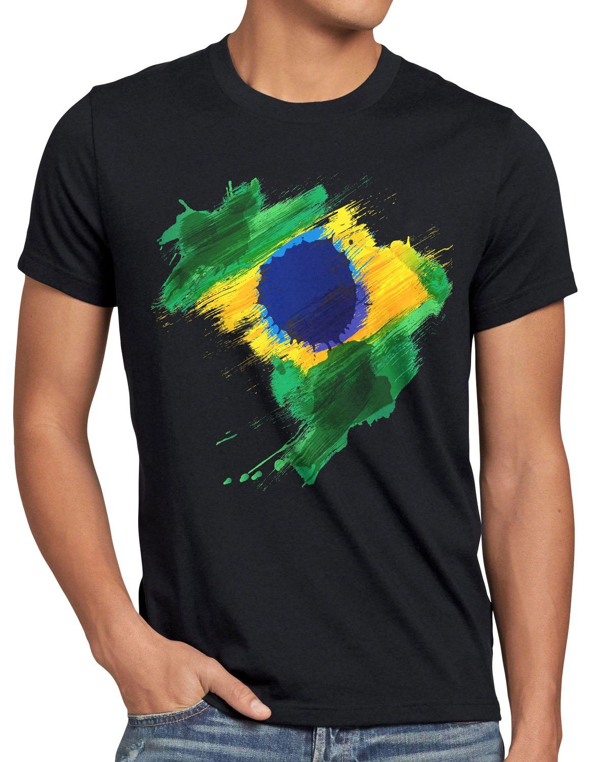 style3 Fußball EM T-Shirt Brazil Brasilien Fahne Flagge Print-Shirt schwarz WM Sport Herren