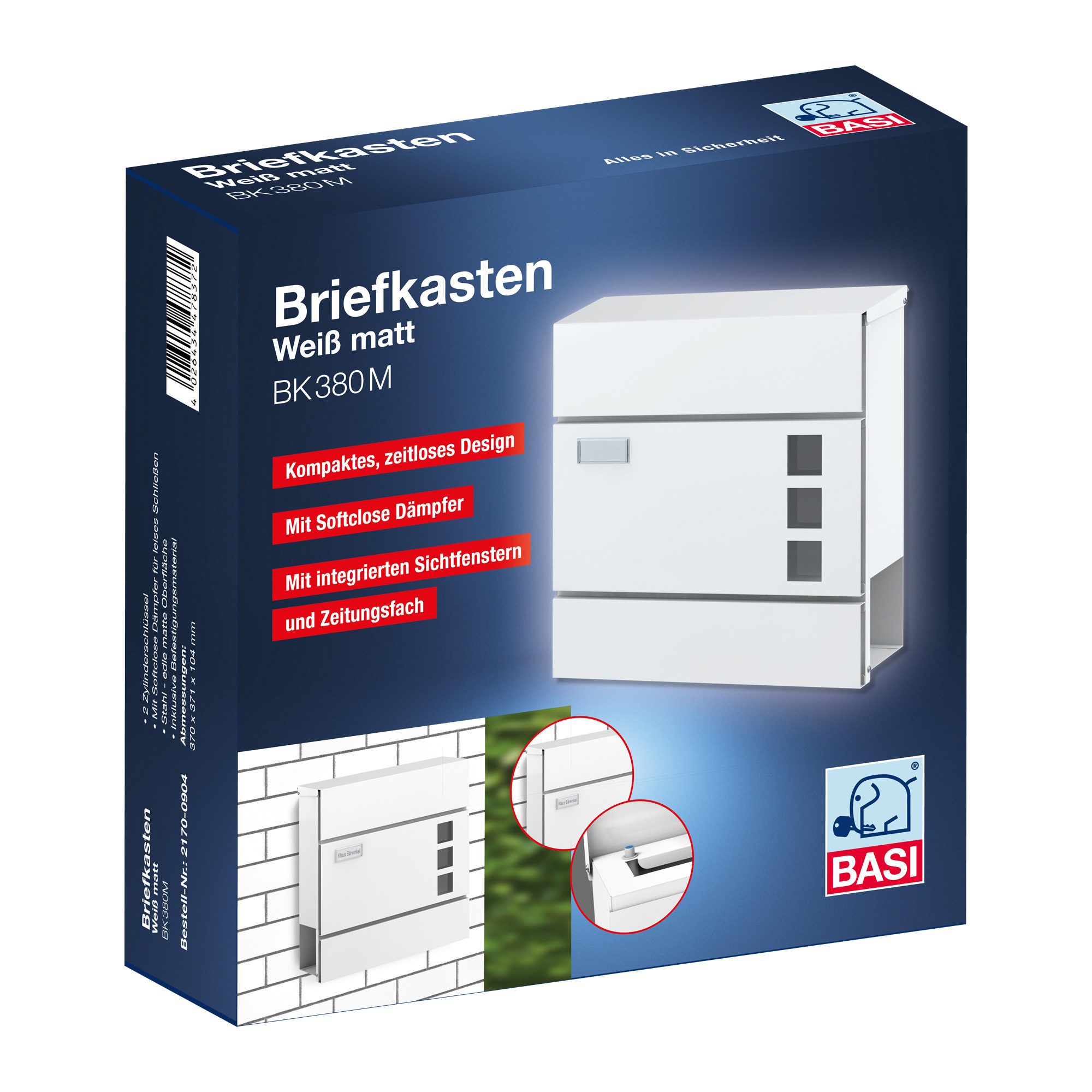 BASI Wandbriefkasten Wandbriefkasten (Packung), Softclose Dämpfer, Sichtfenster, Namensschild, Zeitungsrolle, Weiß