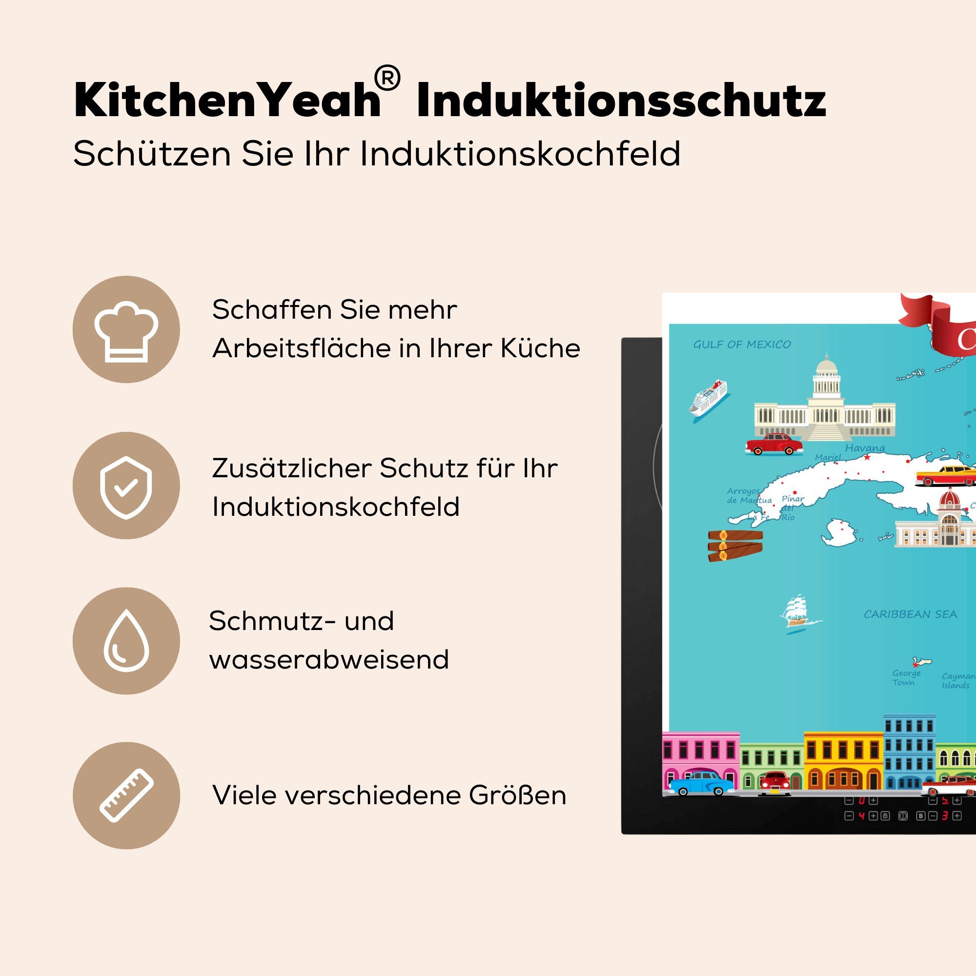 Herdblende-/Abdeckplatte Ceranfeldabdeckung Arbeitsfläche Illustration Mobile MuchoWow tlg), Vinyl, Kuba, 70x52 cm, einer Karikaturkarte (1 nutzbar, Eine von