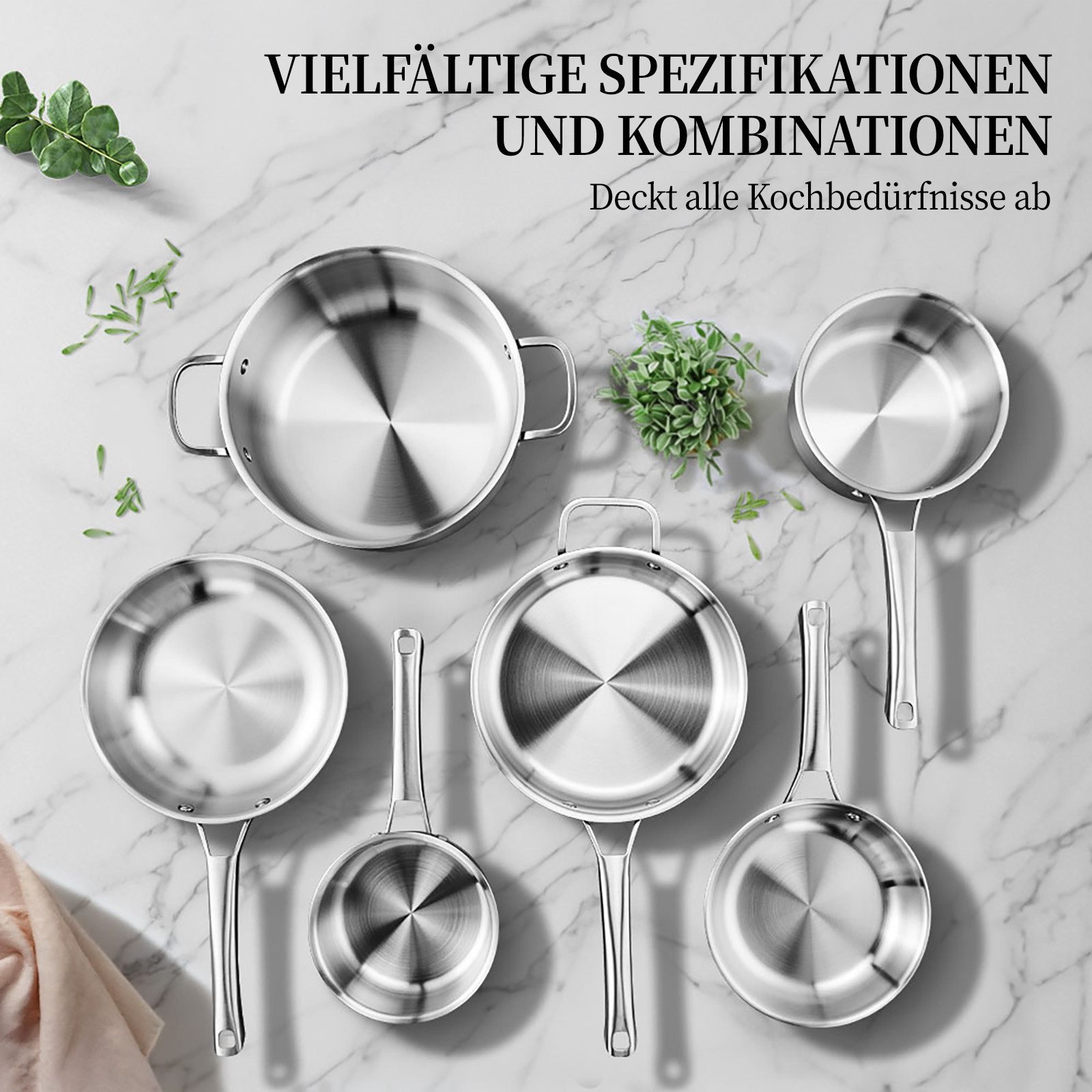 VINGLI Pfannen-Set Pfannenset Edelstahl, Bratpfannen, PTFE frei, (11-tlg., 3 Pfannen 4 Töpfe mit 4 Glasdeckeln), für alle Herdarten, Spülmaschinenfest – Bild 3 von 5