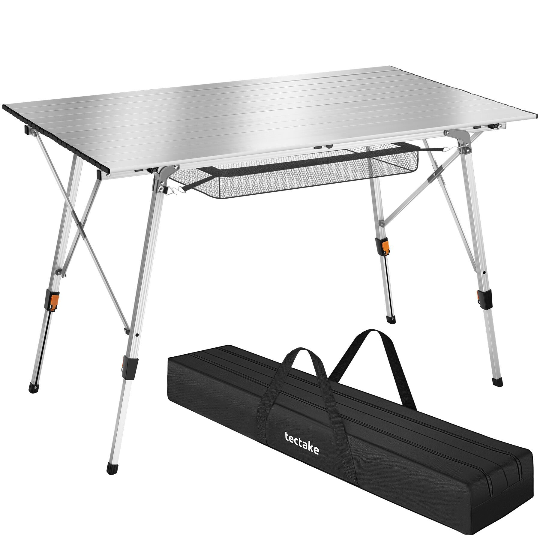 tectake Campingtisch Aluminium Klapptisch - faltbar, wetterfest, 120 x 70,5 x 58 – 79 cm (Outdoor Beistelltisch Bastian, 1-St., in silber), höhenverstellbar, mit Aufbewahrungsnetz und Tragetasche