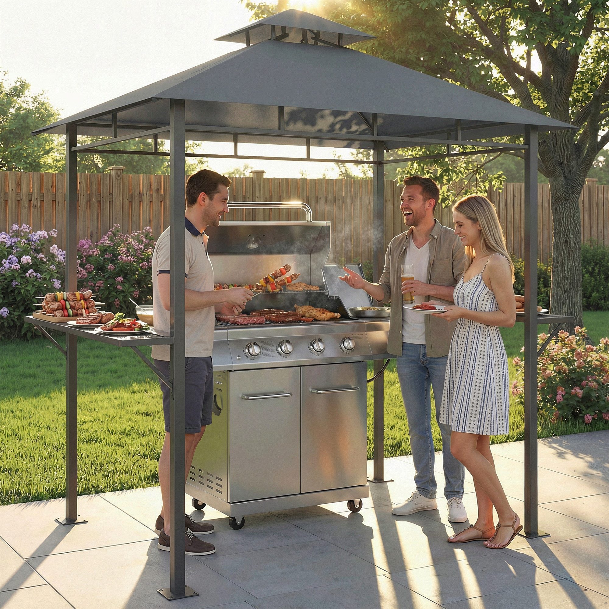 Outsunny Grillpavillon mit Doppeldach, Lüftungsöffnung, Seitenregalen, mit 0 Seitenteilen, (Grill Pavillon, Grillüberdachung), für BBQ Garten Party Dunkelgrau