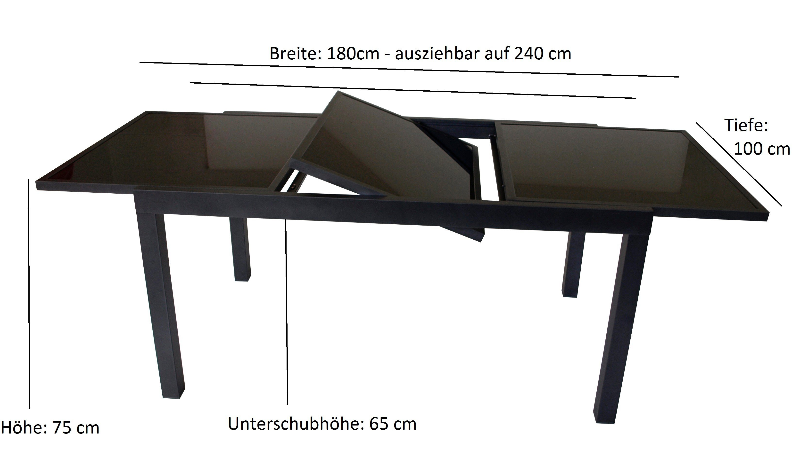 240cm, DEGAMO anthrazit, Aluminium schwarz 180x100cm, (1-St), Gartentisch auf TORINO ausziehbar Glas