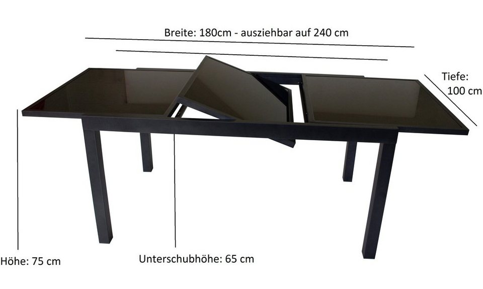 DEGAMO Gartentisch TORINO (1-St), 180x100cm, ausziehbar auf 240cm,  Aluminium anthrazit, Glas schwarz