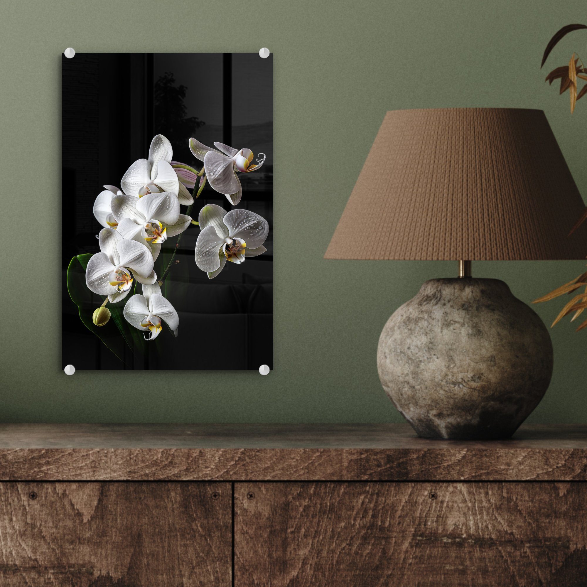 auf Foto - Glas Glas Wandbild - Glasbilder MuchoWow Bilder - Natur Weiß Acrylglasbild - Schwarz, - Wanddekoration - (1 auf Blumen St), - Orchidee