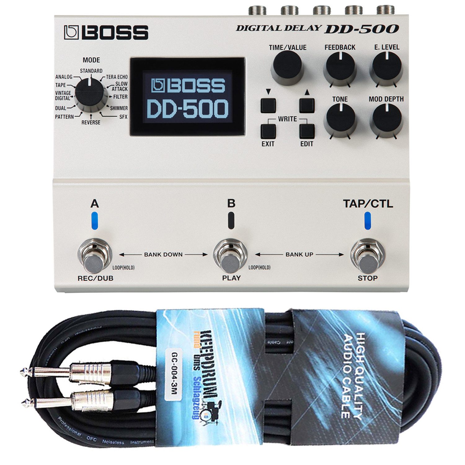 Boss OD-3 Overdrive Pedal + Keepdrum Gitarrenkabel 3m – Warmer Overdrive Für Blues & Rock, Mit Level, Tone & Drive Reglern
