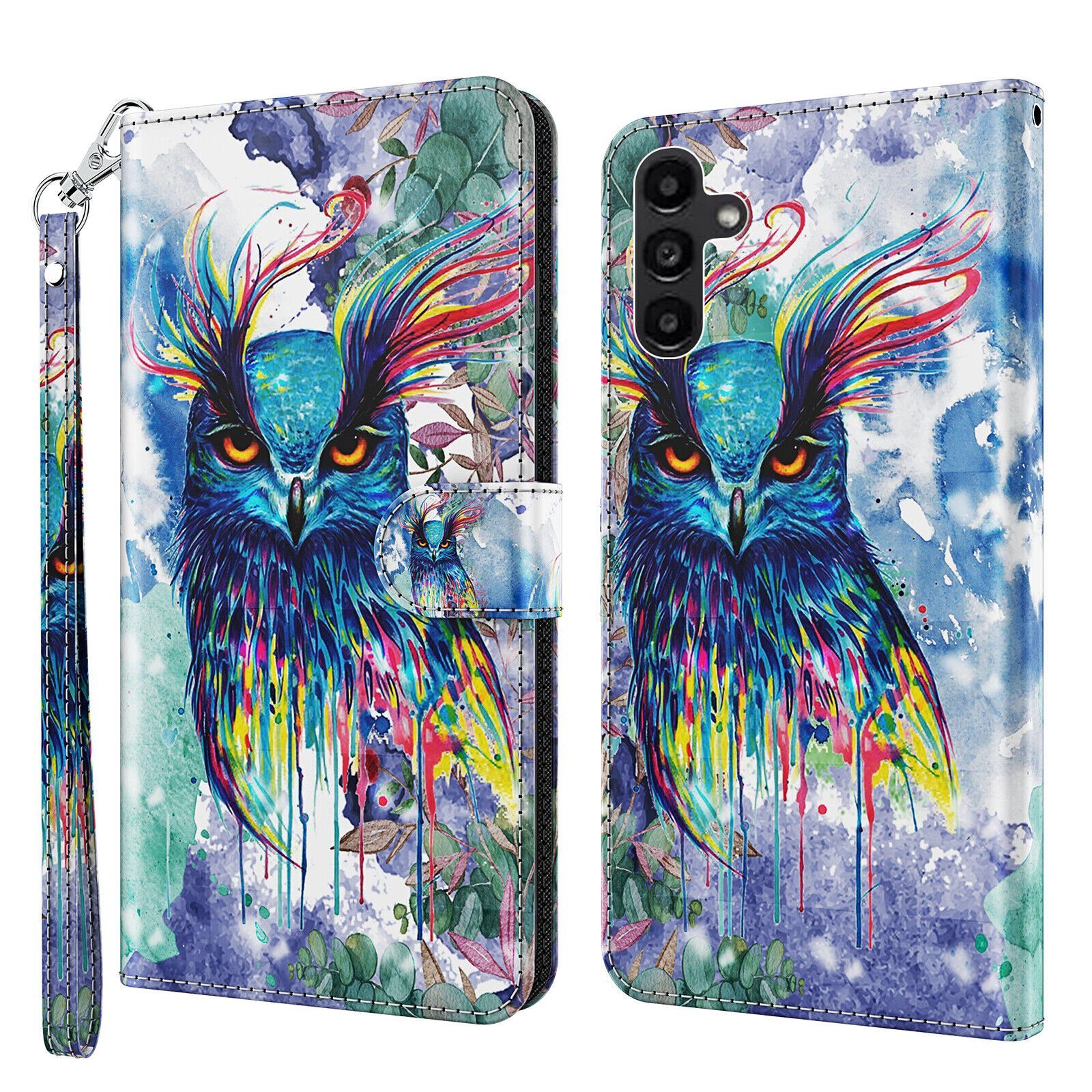 CLM-Tech Handytasche für Samsung Galaxy A16 / A17 5G Hülle aus Kunstleder Klapphülle (Eule bunt, Handyhülle mit Standfunktion - Wallet Flip Case inklusive Kartenfächer), Cover mit Magnetverschluss