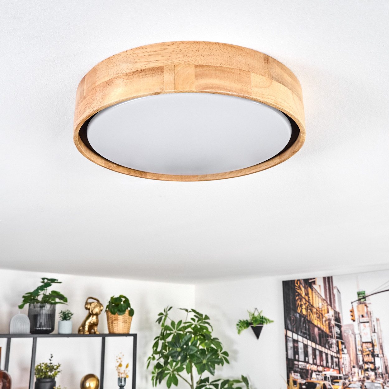 hofstein Deckenleuchte Deckenlampe aus Metall/Holz/Kunststoff in Natur/Weiß, ohne Leuchtmittel, Leuchte im modernen Boho-Design (30,5 cm), dimmbar über Wandschalter