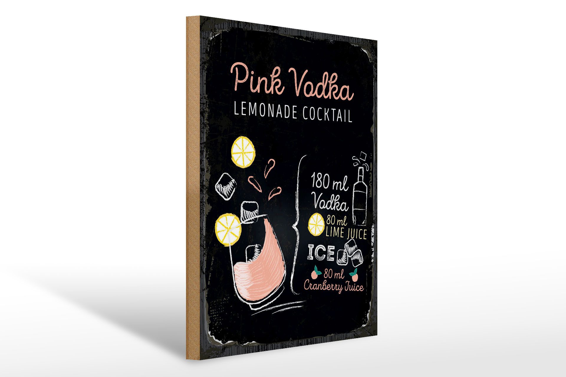 Holzbild Rezept Pink Vodka Cocktail Recipe 30x40cm