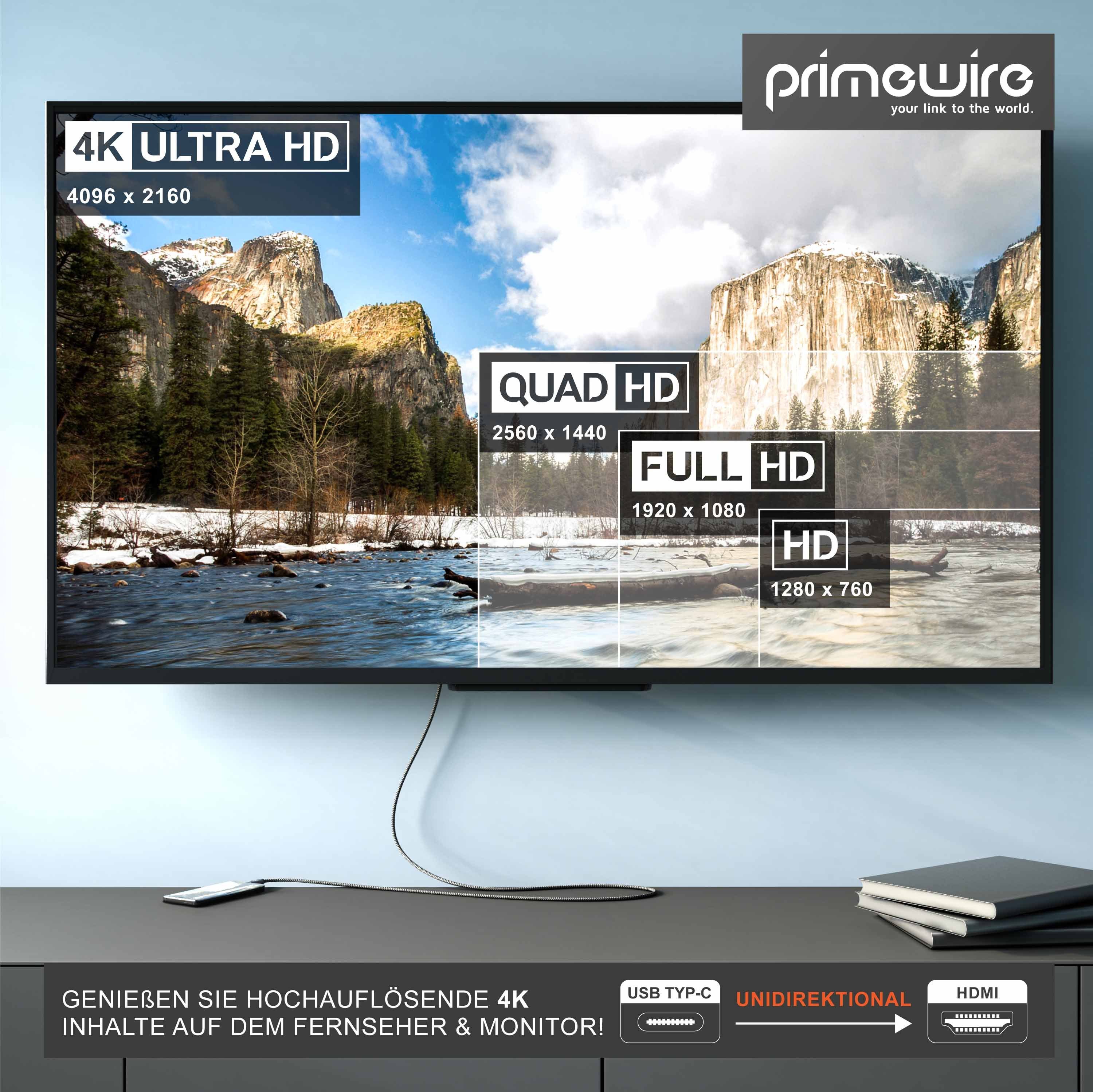 Primewire (200 x A 2m Typ & 3840 HDMI Konverterkabel @60Hz, Adapterkabel HDMI 2160 C zu USB cm), Audio- Video-Kabel, Typ 4K USB-C,