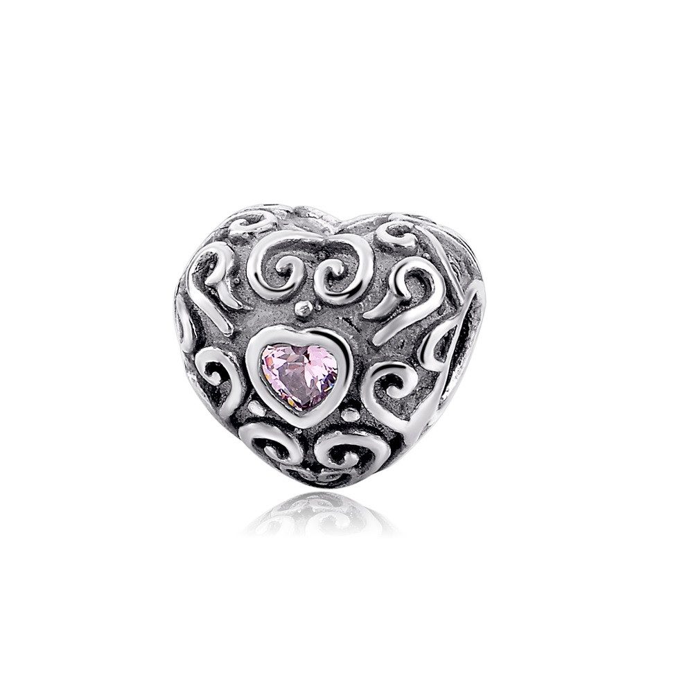 PANDACHARMS Bead Pinkes Herz Ornament Charm für Charm Armband, 925er Silber, Zirkonia