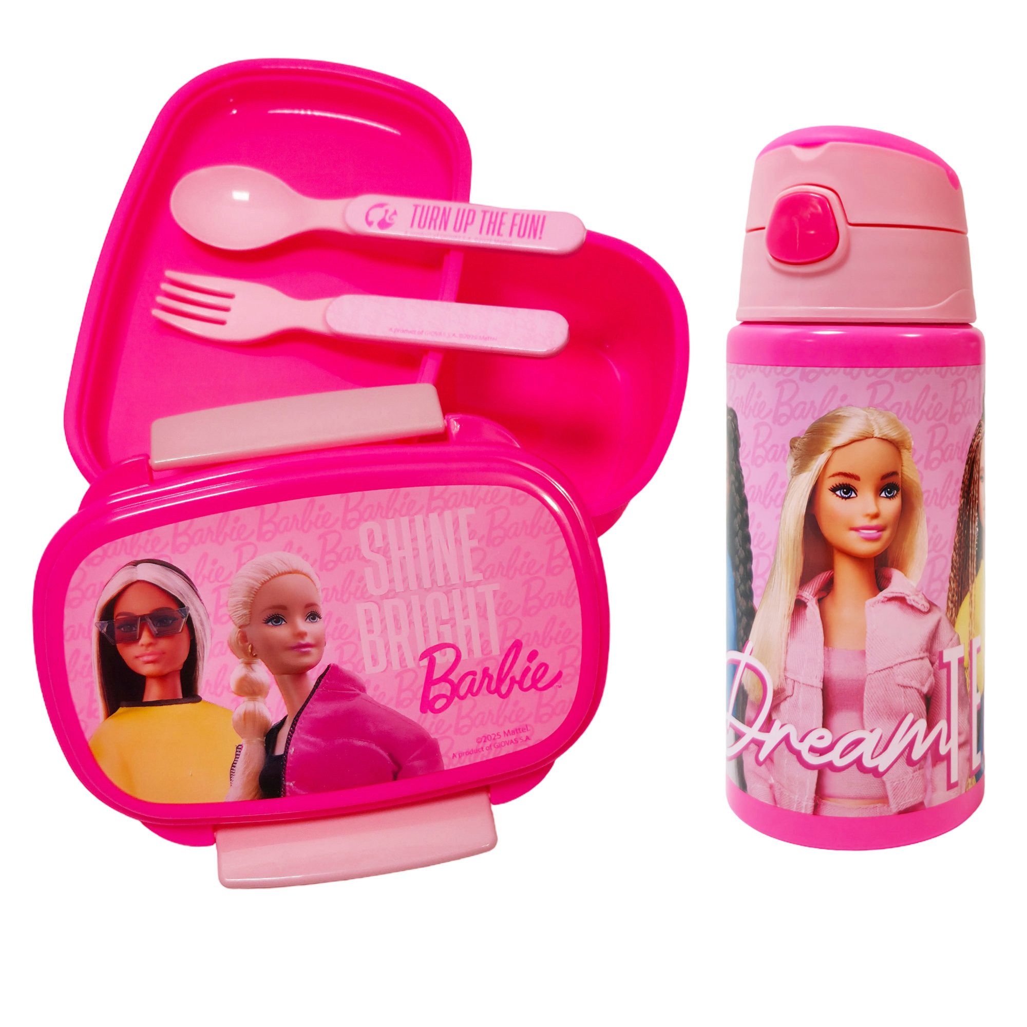 Barbie Lunchbox Barbie and Friends 4 tlg Kinder Set Brotdose Aluminium Flasche Besteck, (4-tlg., Spar-Set), Löffel Gabel
