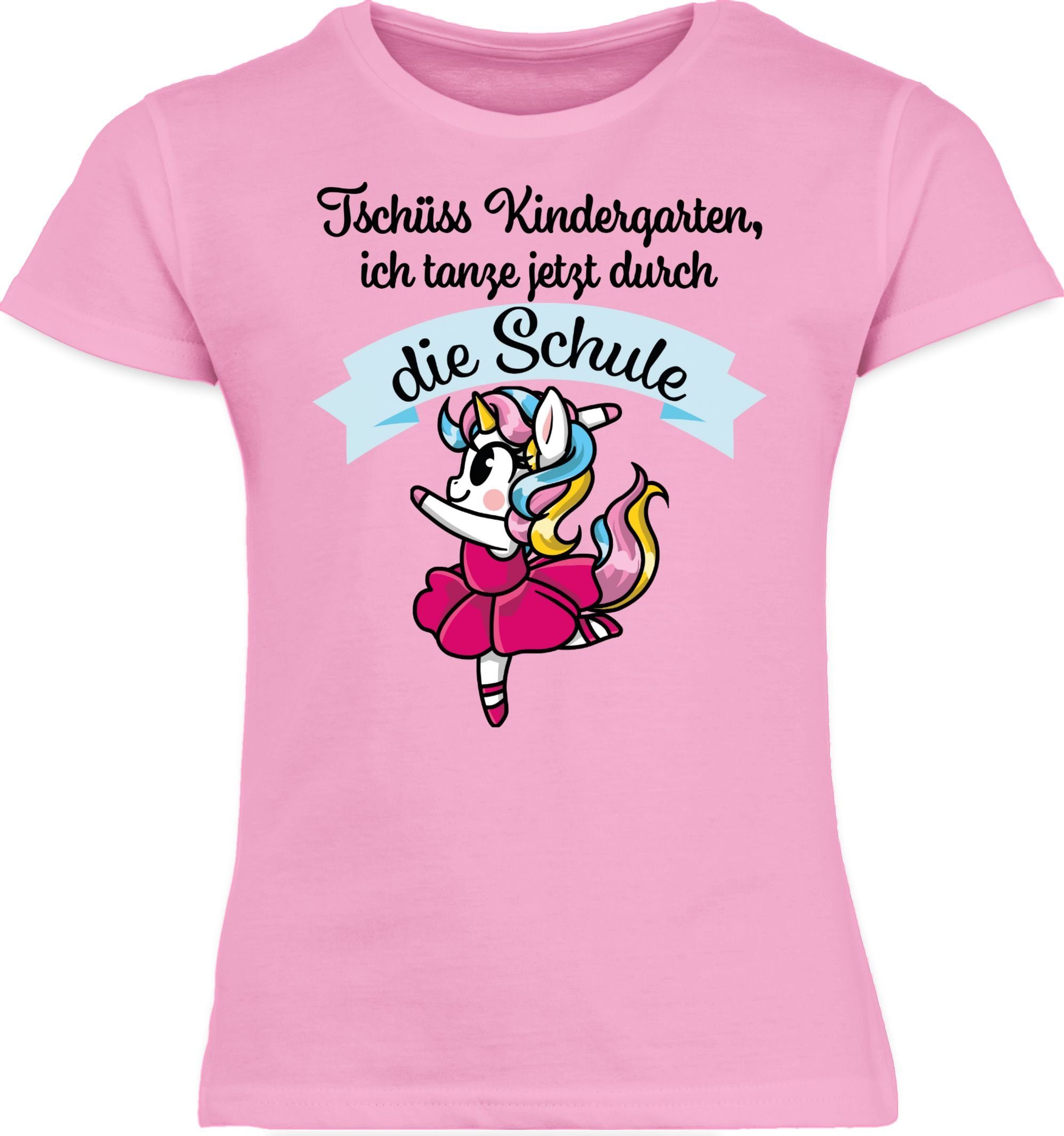 Shirtracer T-Shirt Tschüss Kindergarten ich tanze jetzt durch die Schule Einhorn Ballett Einschulung Mädchen 2 Rosa
