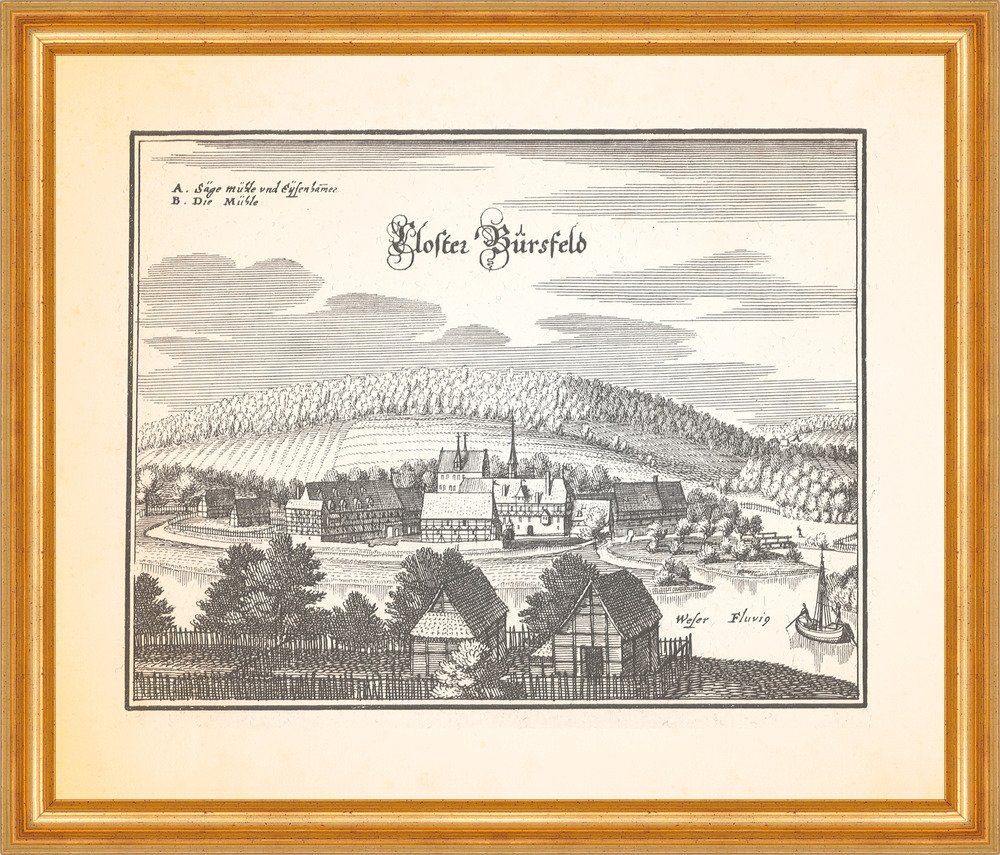 Kunstdruck Kloster Bürsfeld Weser Klosterkirche Gutshaus Kupferstich Merian 0478