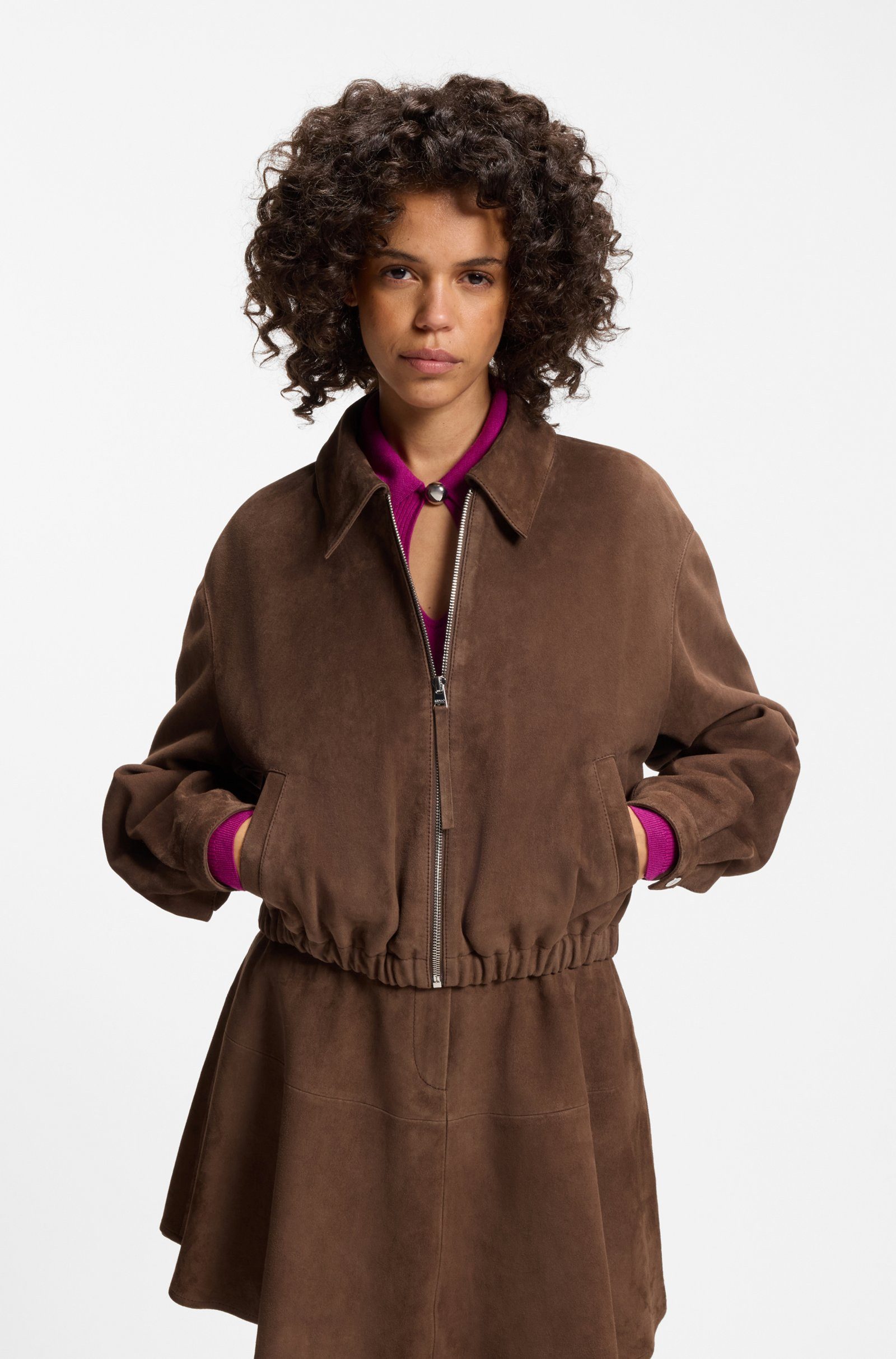 HUGO Lederjacke Liph mit gerafftem Saum (1-St)
