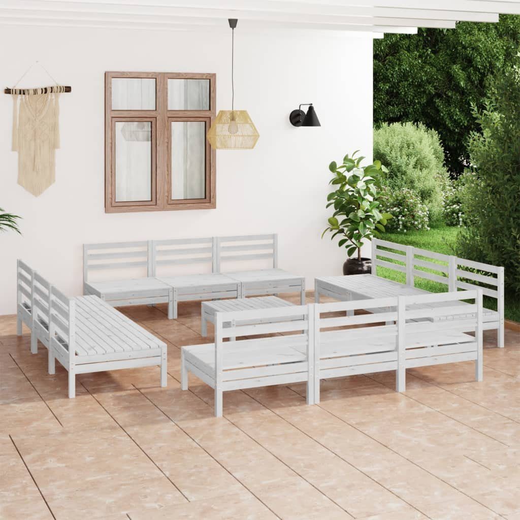 vidaXL Gartenlounge-Set Garten-Lounge-Set Weiß Massivholz, Kiefer (1-tlg) 13-tlg