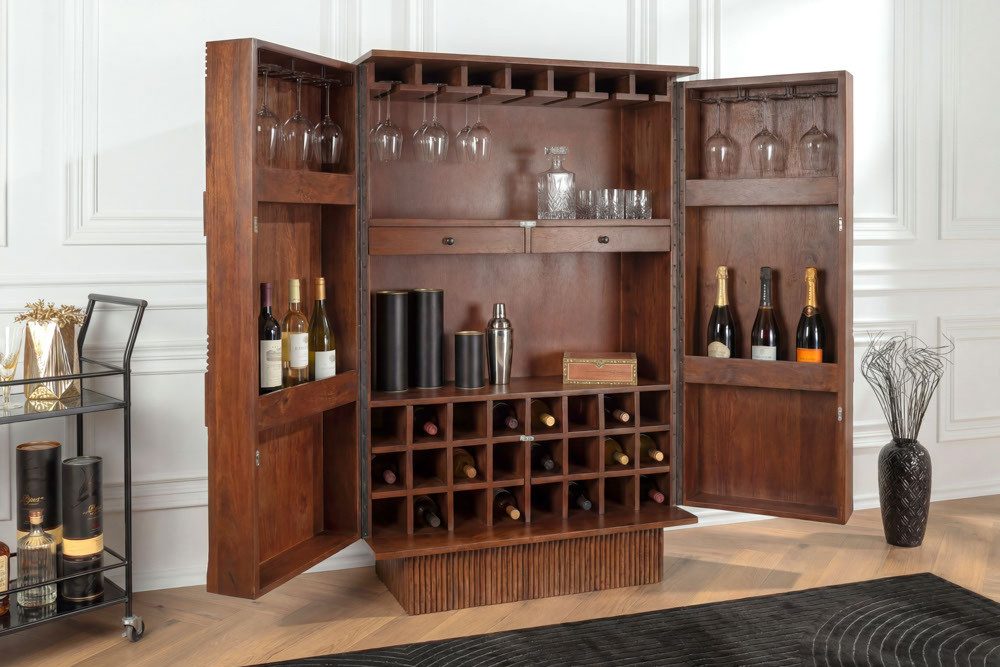 riess-ambiente Barschrank ART DECO 140cm braun - Massivholz, 3D-Front, 24 Flaschen (Einzelartikel, 1-St) mit Schubladen & Gläserhalter – ideal für Esszimmer & Wohnzimmer