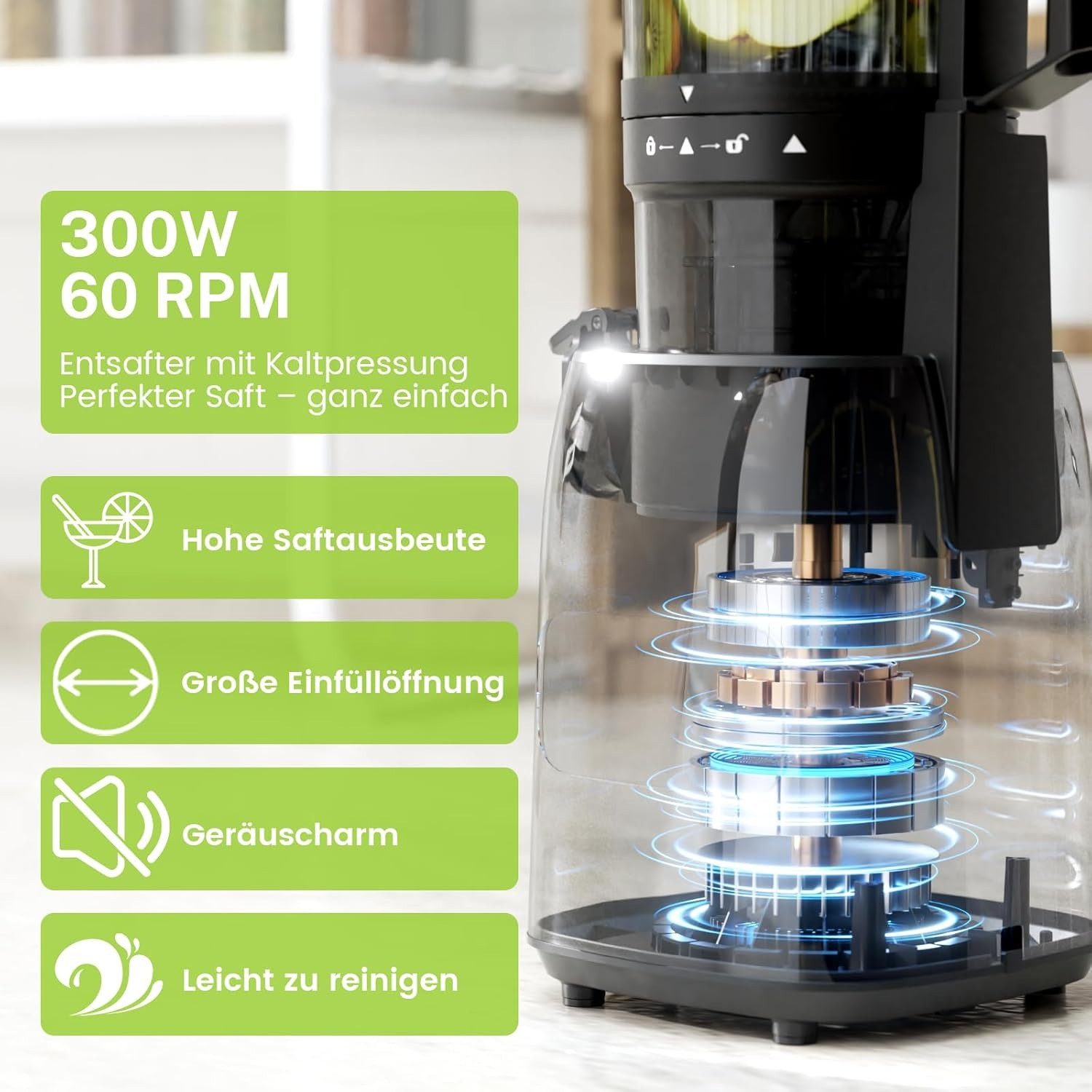 Kismile Entsafter Slow Juicer mit 135mm extra großem Einfüllschacht, 300 W, Leicht zu reinigen, Entsafter für ganzes Obst und Gemüse – Bild 4 von 5