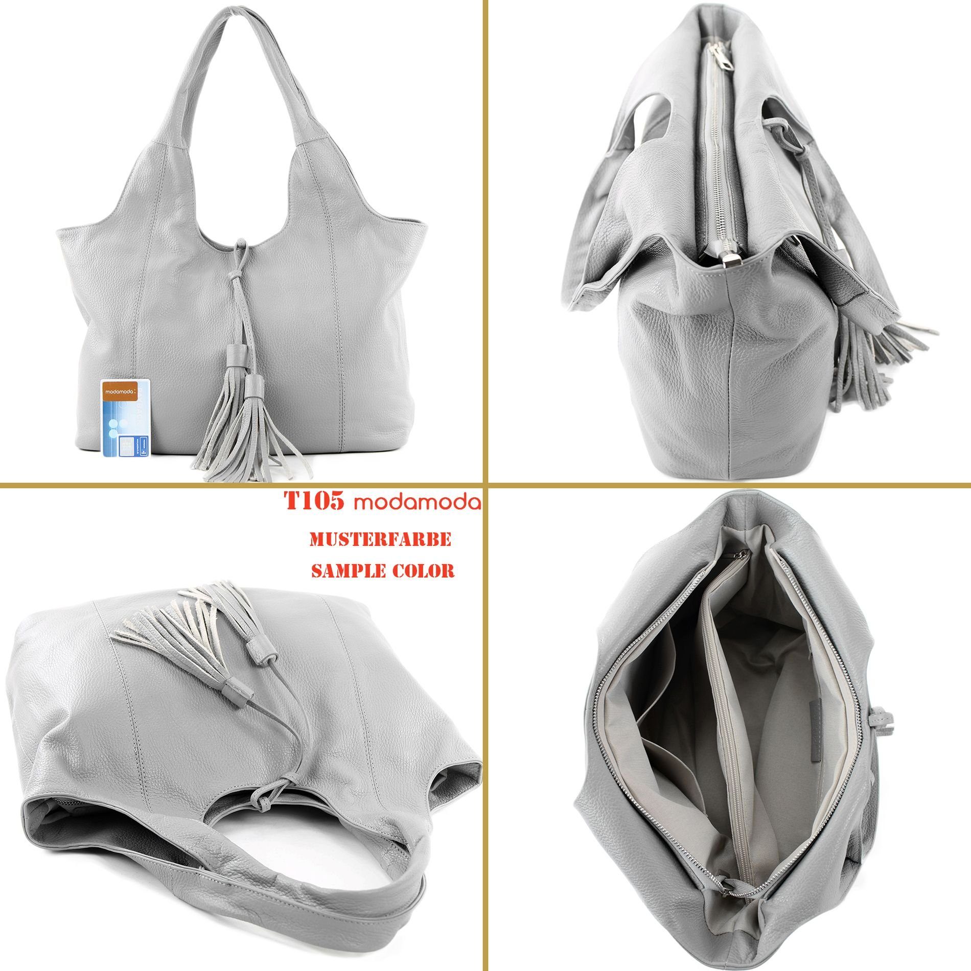 Damen Handtaschen modamoda de Schultertasche T105, Echtleder Handmade in Italy