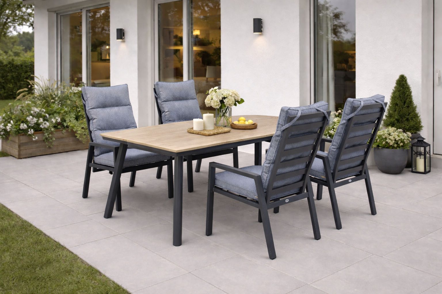 Destiny Garten-Essgruppe GARDA SAN MARINO 4 HL + Tisch RE 180x90cm, holzf./ anthrazit, (Set, 5-tlg., 4 Hochlehner stufenlos verstellbar inkl. Polster, 1 Tisch), 1 Esstisch, 4 Hochlehner inkl Auflagen