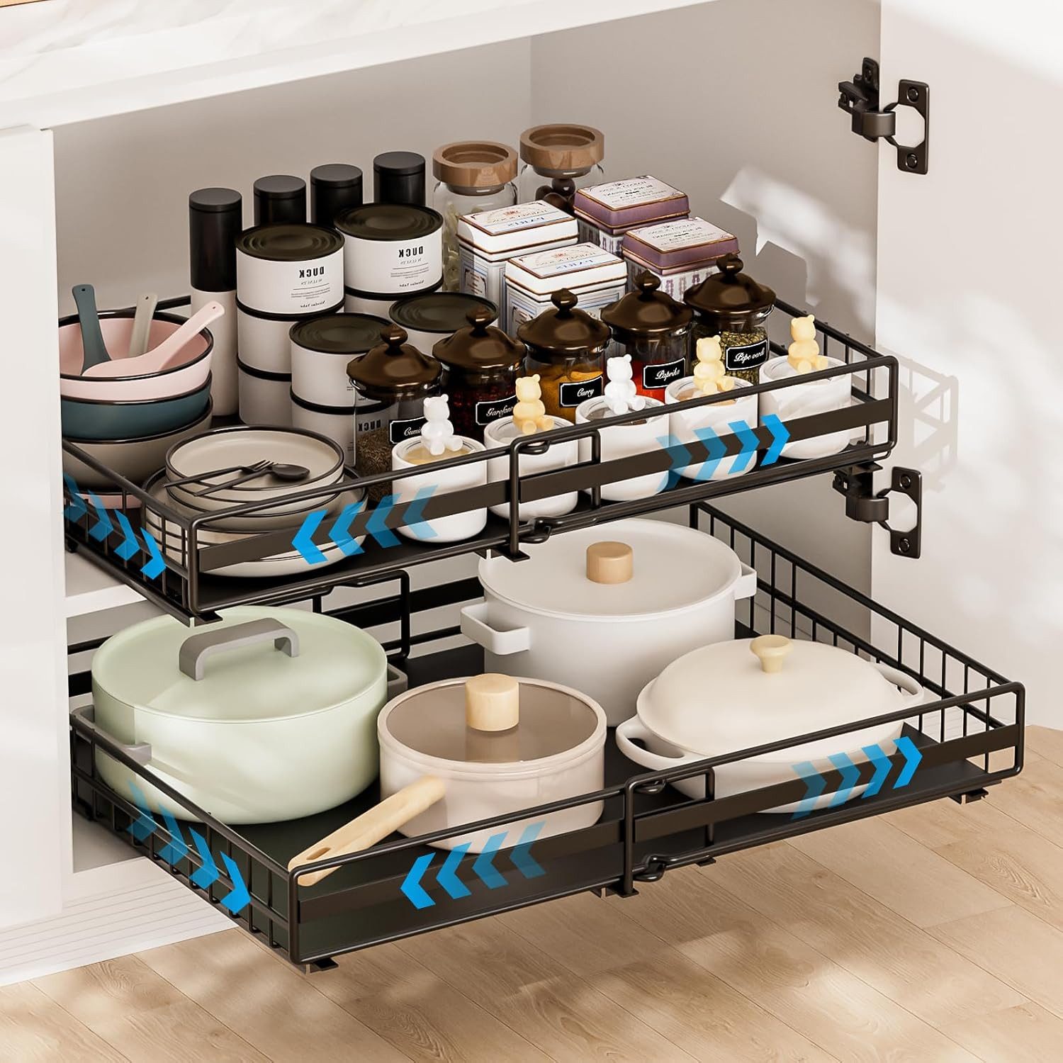 AKKEE Küchenorganizer-Set 2 Stück Teleskopschublade, Faltbare Ausziehbarer Schrank Organizer, Slide Out Schrank,Kein Bohren erforderlich,geeignet für Küche,Schränke