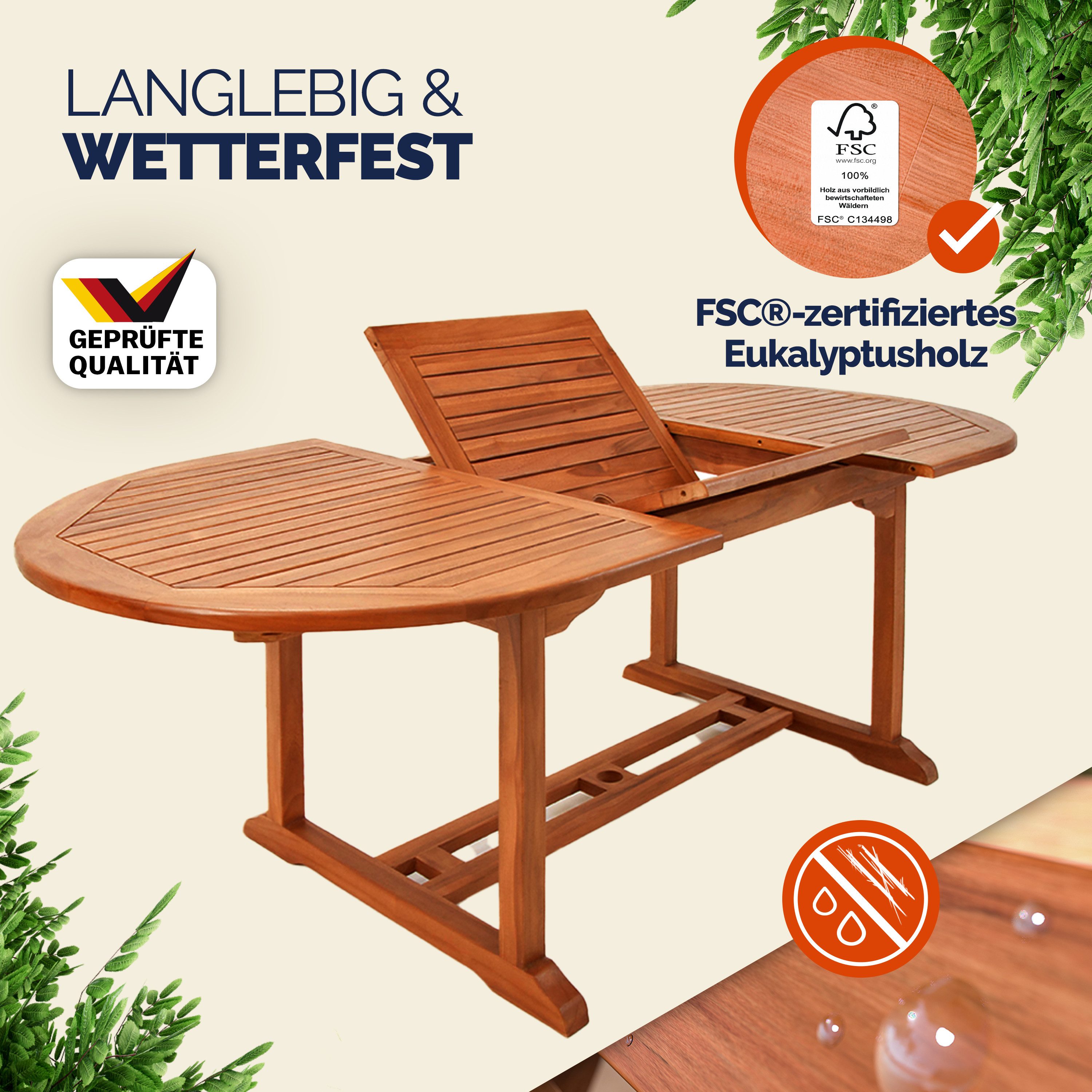 Casaria Gartentisch Vanamo, Wetterfest Klappbar Holz FSC®-zertifiziert 200cm 80kg Belastbarkeit