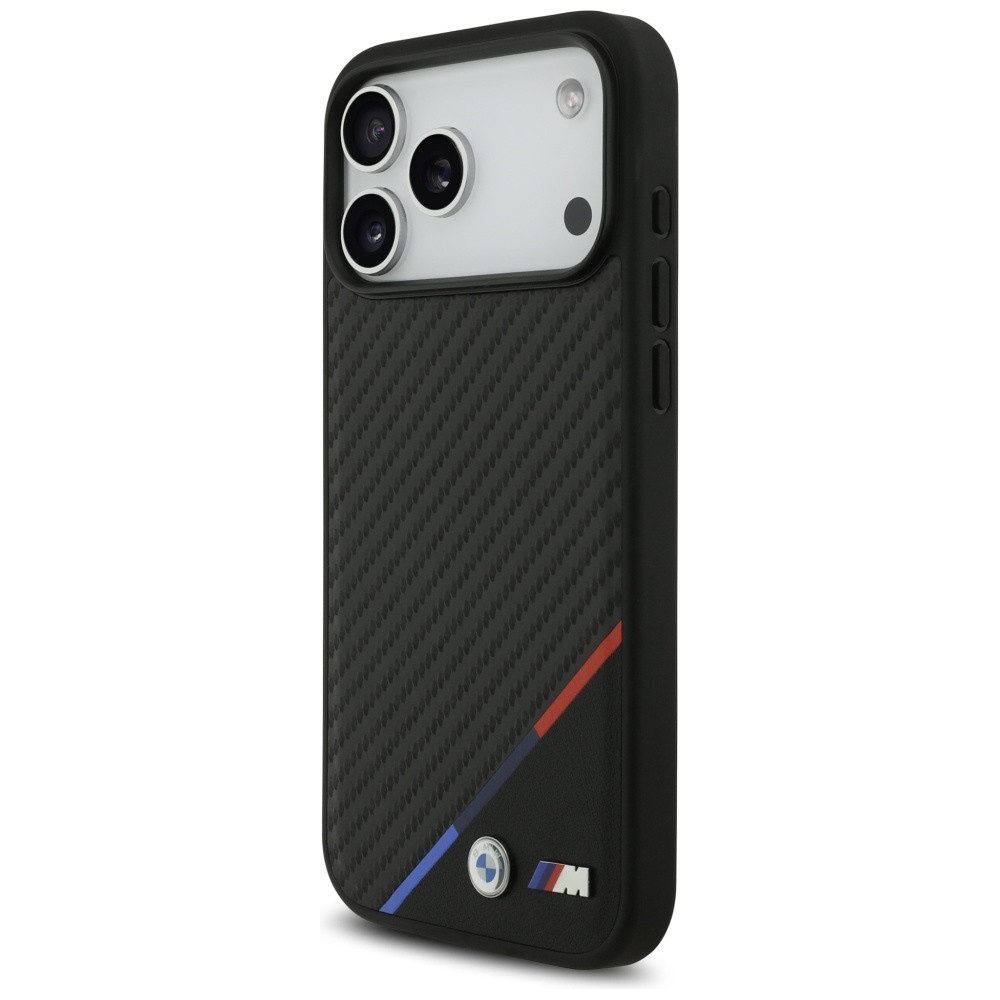 BMW Handyhülle MagSafe iPhone 17 Pro Max Carbon-Look Tricolor schwarz Logo Metall 6,9 Zoll, Kantenschutz