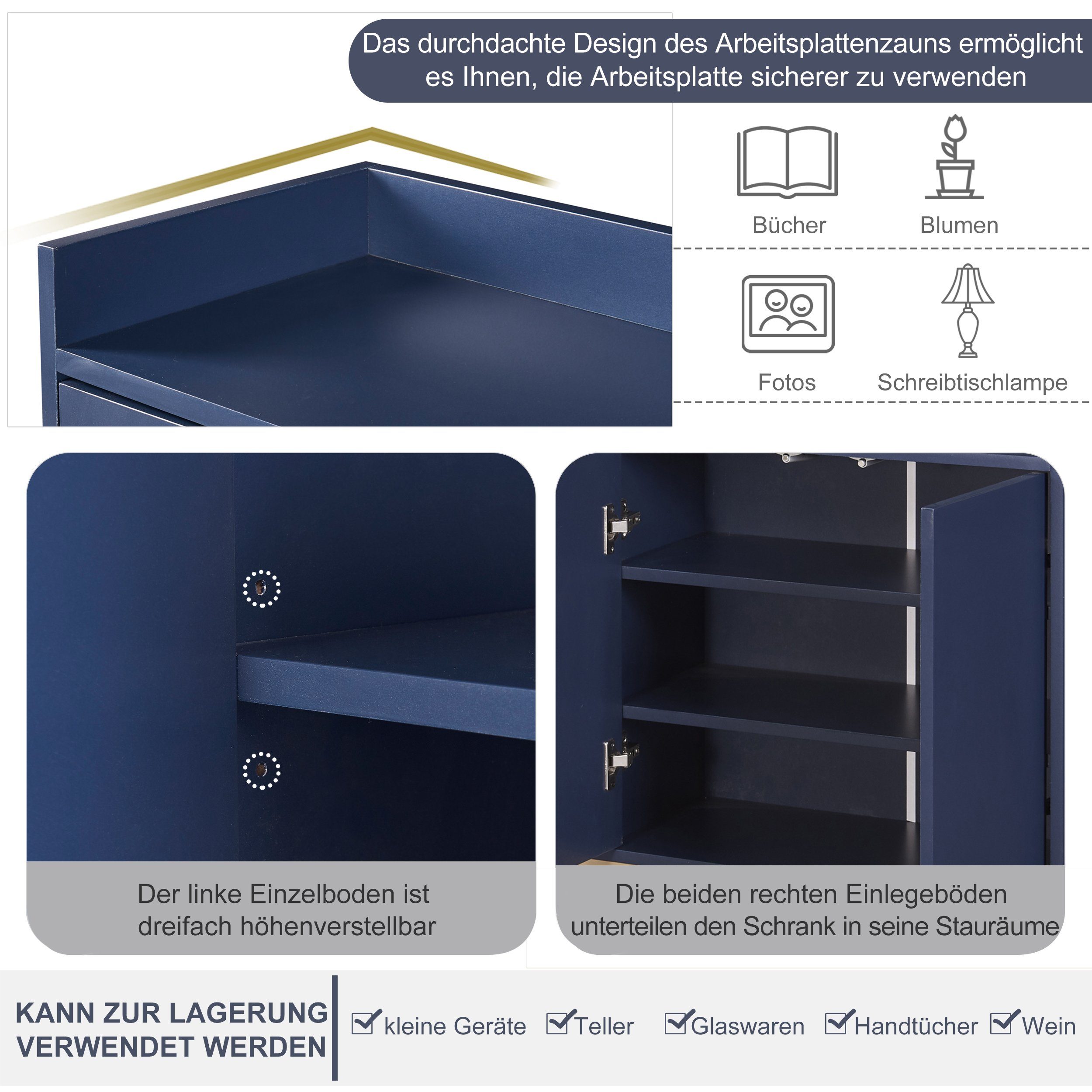 Modernes für (griffloser Anrichte blau Esszimmer, WISHDOR Stil Küche) Buffetschrank im minimalistischen Küchenschrank, 4-türiger Sideboard Wohnzimmer,