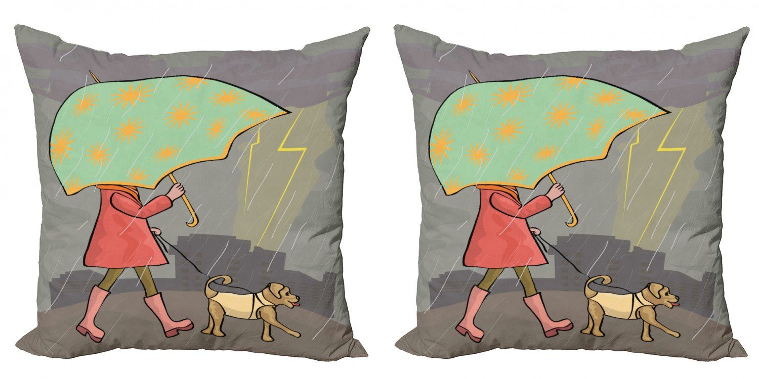 Kissenbezüge Modern Accent Doppelseitiger Digitaldruck, Abakuhaus (2 Stück), Regenschirm-Mädchen Lady Walking mit Hund