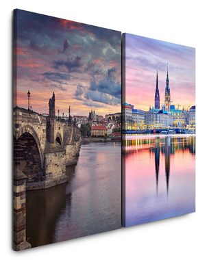 Sinus Art Leinwandbild 2 Bilder je 60x90cm Prag Hamburg Altstadt Historisch Kirchentürme Fluss Reisen
