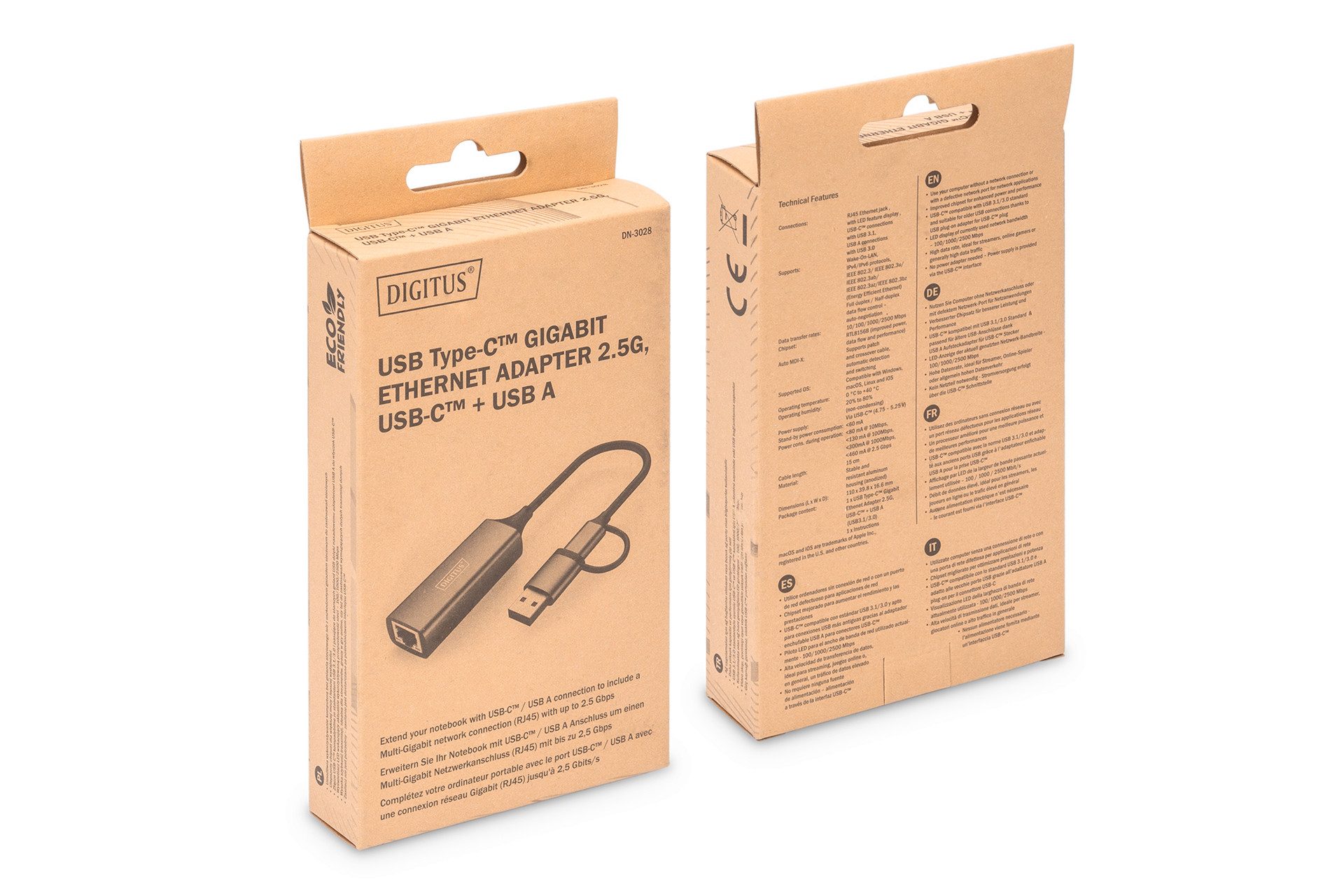 Digitus USB-C Gigabit Ethernet Adapter 2.5G, USB-C + USB A Netzwerk-Adapter zu RJ-45 (Ethernet), 15 cm