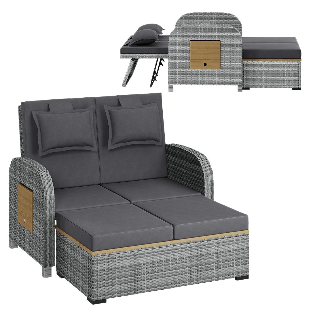STEELSØN Gartenlounge-Set Caelum Gartensofa mit Liegefunktion, Rattan Sonnenliege, (grau/anthrazit, mit Kissen, wetterfest), herausziehbare Bank, ausklappbare Seiten-Tabletts