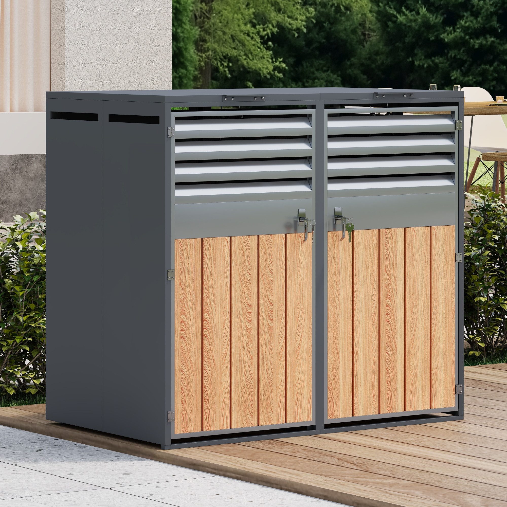 Yorbay Mülltonnenbox mit Klappdeckel, 2er/4er Set wählbar, abschließbar, Lüftungsschlitzen, Metallgestell, Mülltonnenverkleidung, Mülltonnenumbauung Außenbereich