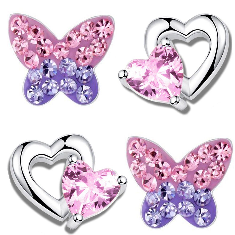 Limana Paar Ohrstecker 2er Set echt 925 Sterling Silber Ohrringe Herz Schmetterling rosa lila, Kinderohrringe Mädchenohrringe Kinderschmuck Damen Frauen