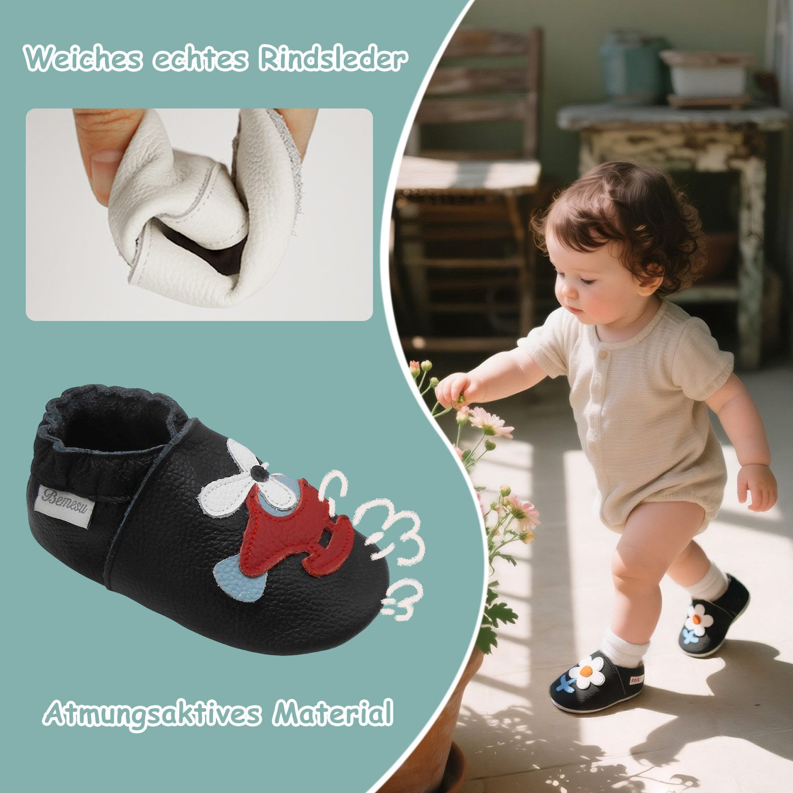 Bemesu Baby Hausschuhe Leder handgefertigt weiche Passform Krabbelschuh