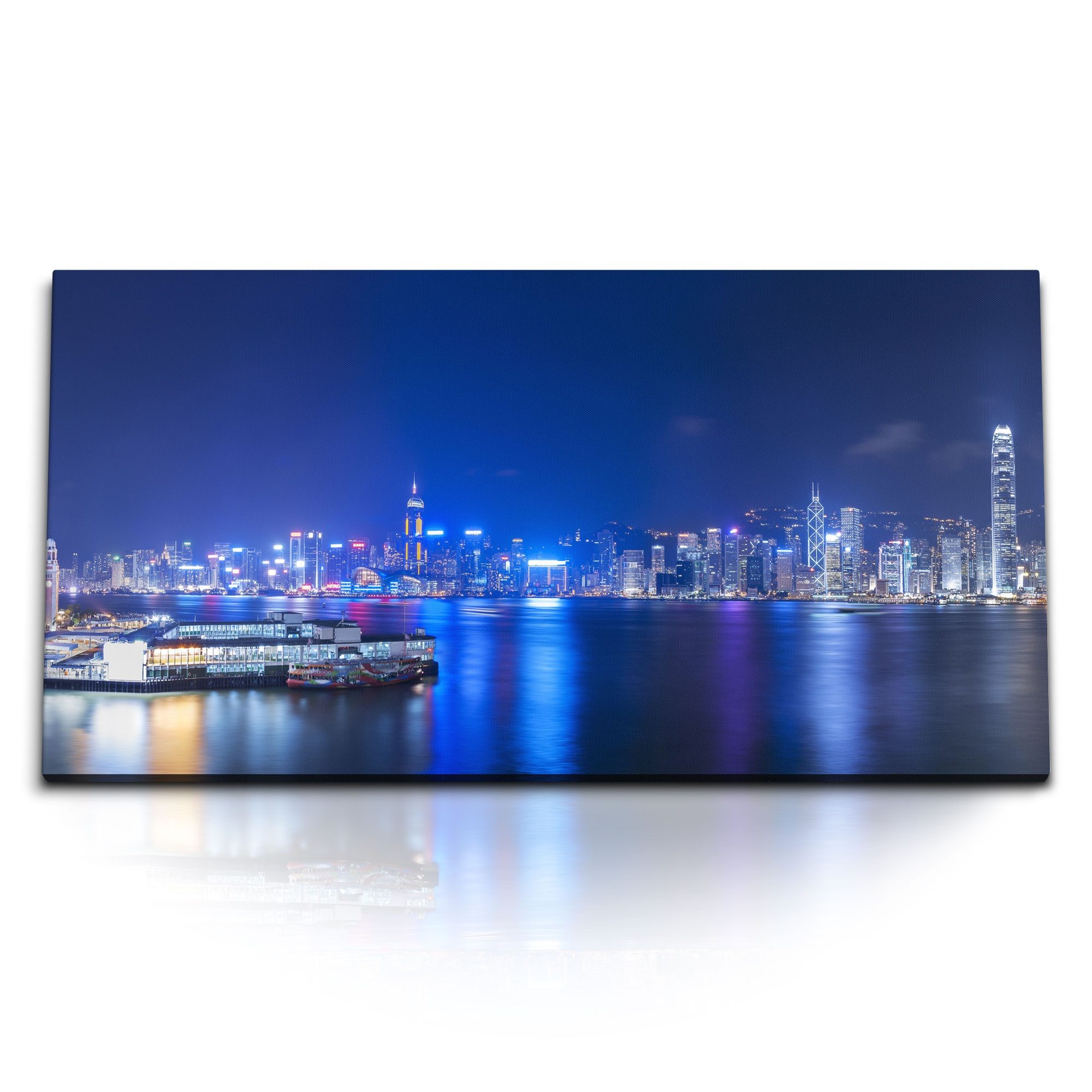Leinwandbild Kunstdruck Bilder 120x60cm Hongkong bei Nacht Stadt Wolkenkratzer Skyl