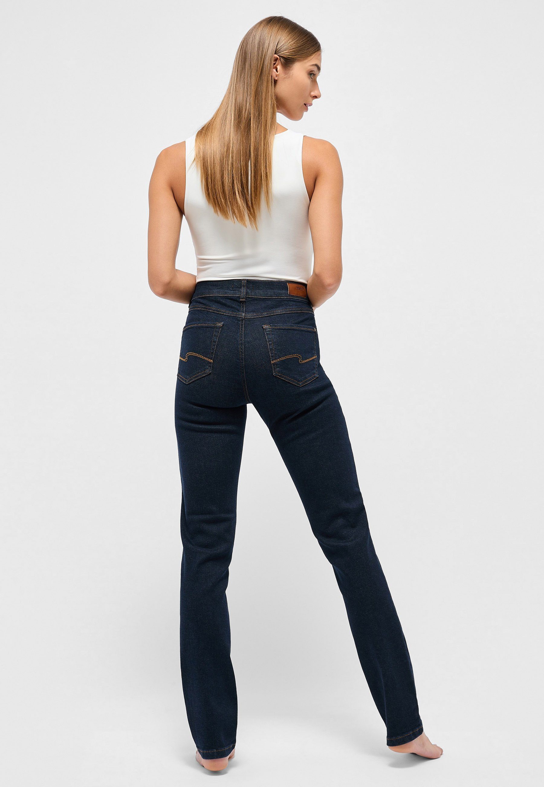 dunkelblau Cici mit Straight-Jeans Label-Applikationen mit Used-Waschung ANGELS Jeans