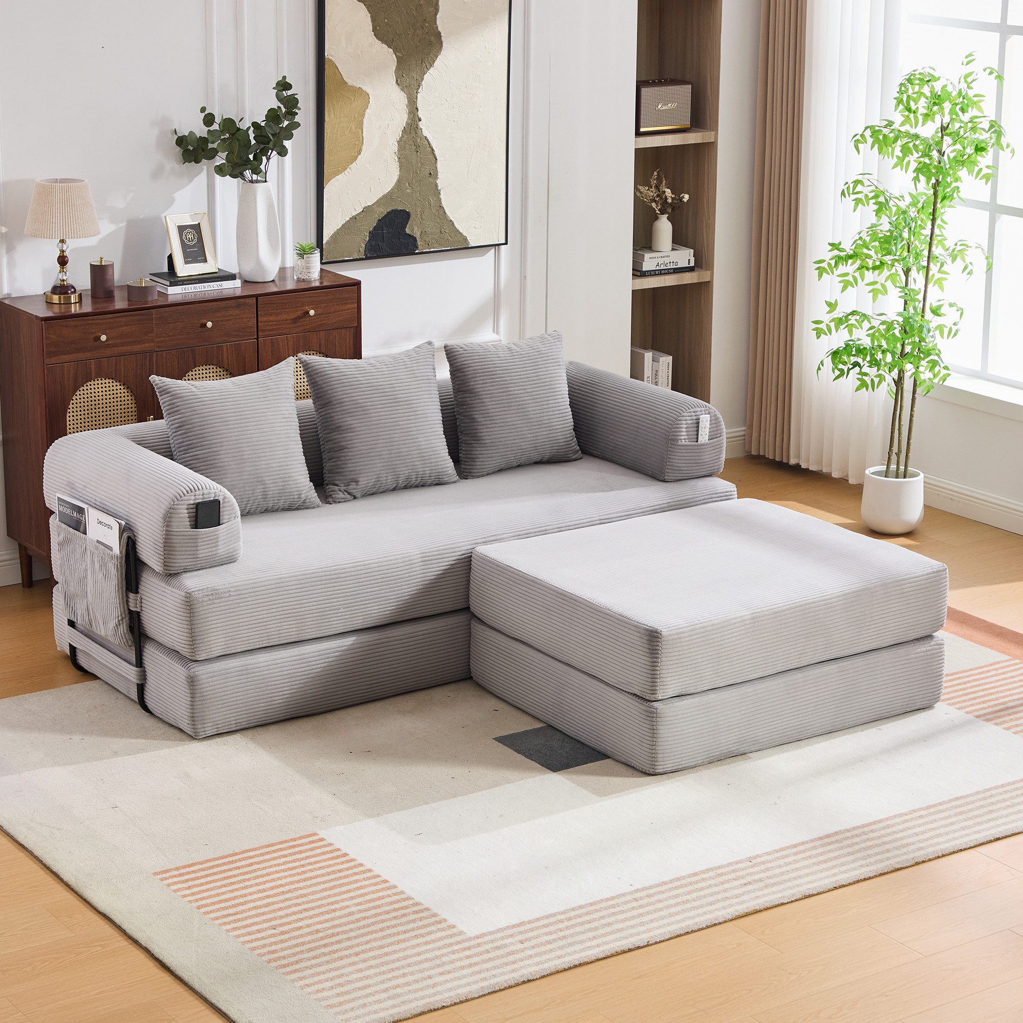 MODFU Sofa modulares Cord-Wohnzimmer Sofa mit Hocker, Metallrahmen, Seitentasche, Loungesofa, 3 bequemen Kissen, extra dick gepolstert, frei kombinierbar